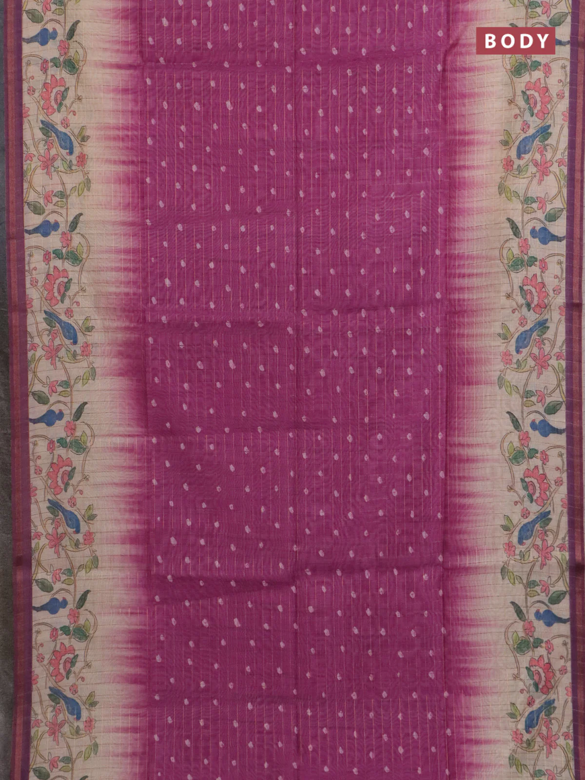 Semi chanderi saree magenta pink and beige with allover zari woven checked pattern & bandhani prints and printed pallu - Image 2