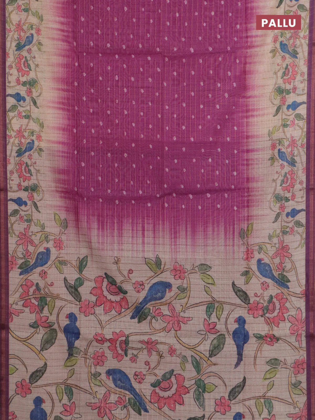 Semi chanderi saree magenta pink and beige with allover zari woven checked pattern & bandhani prints and printed pallu - Image 3