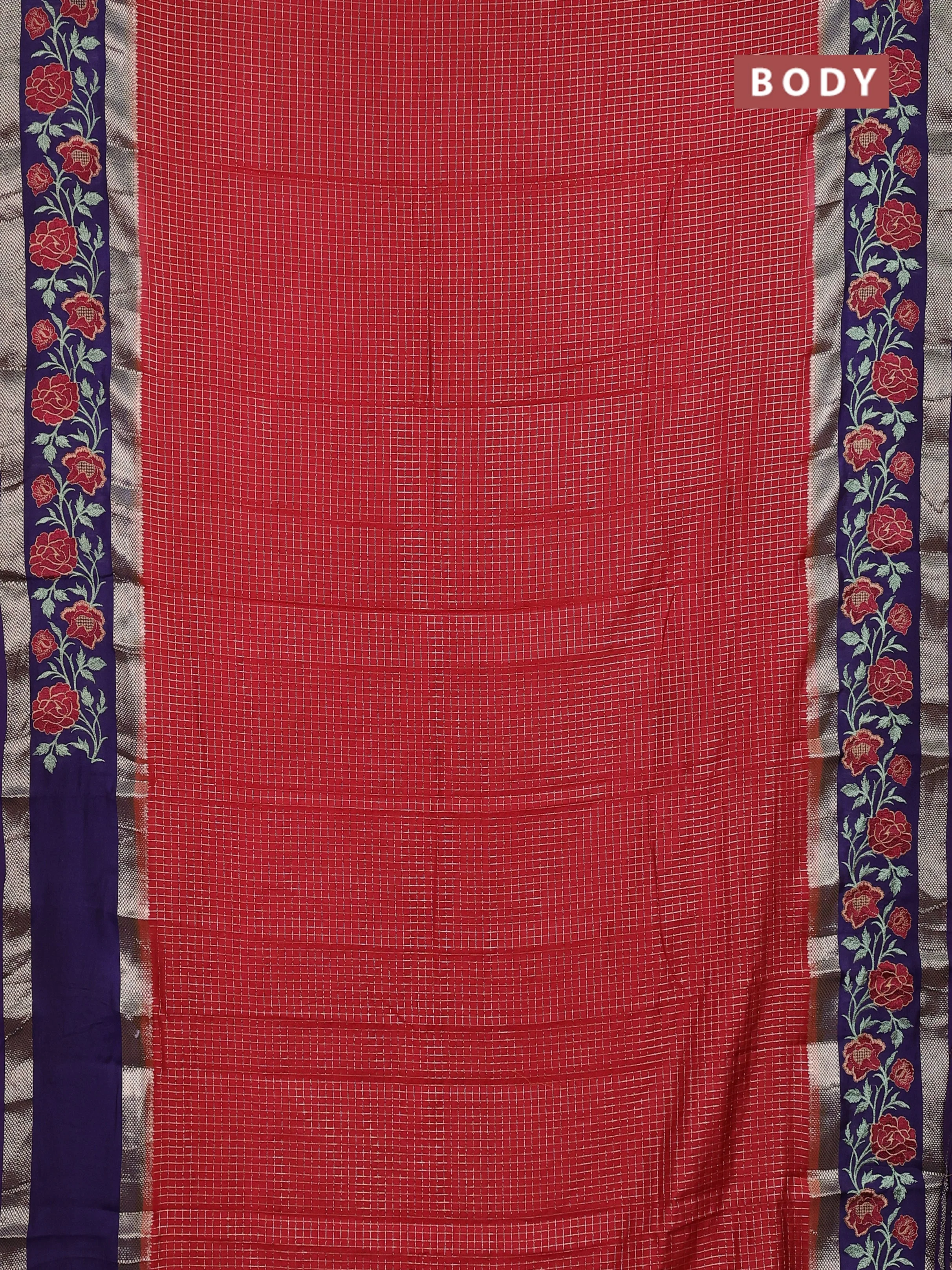 Semi chanderi saree maroon and violet with allover zari woven checked pattern and embroidery zari border - Image 2