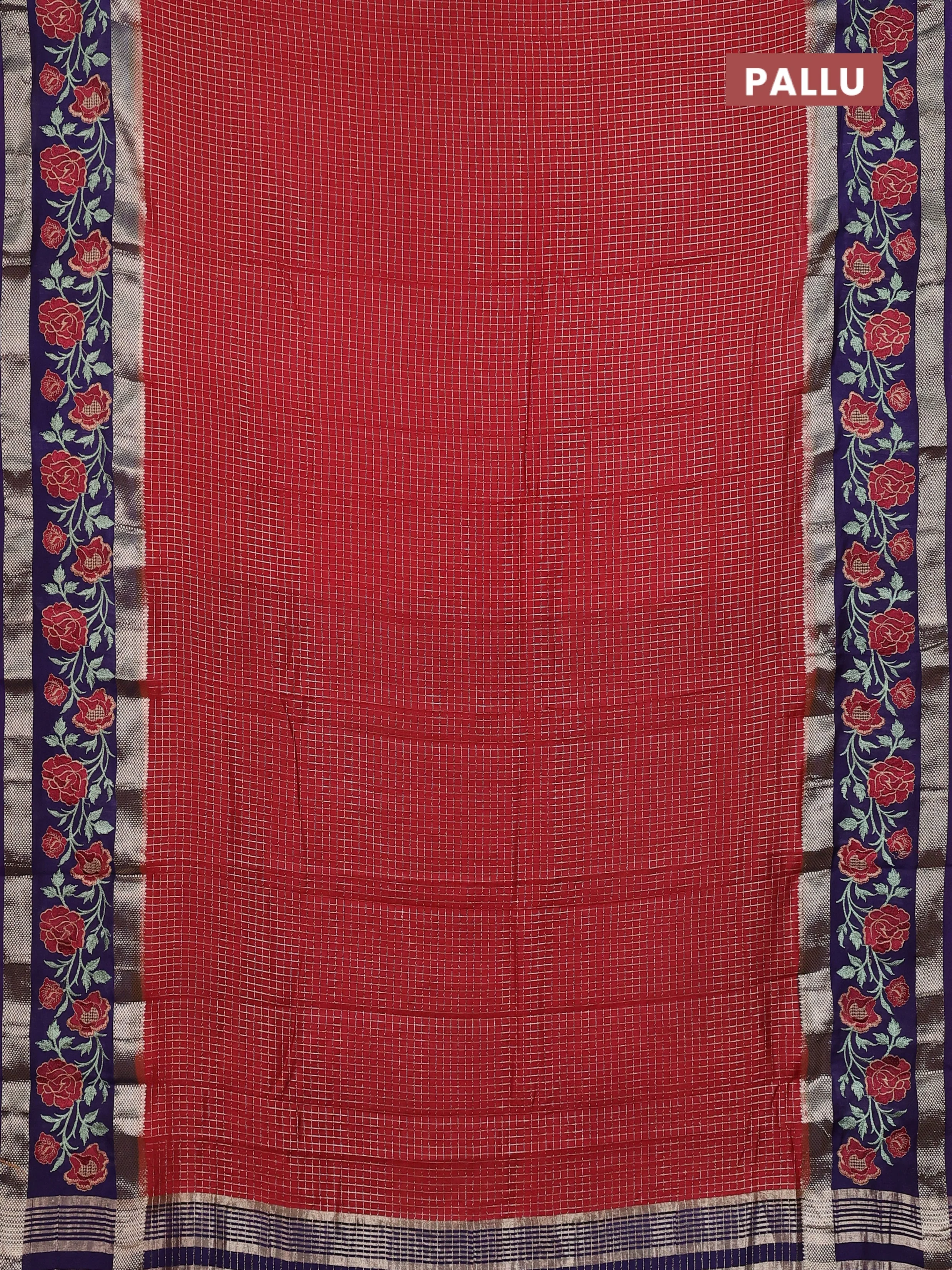 Semi chanderi saree maroon and violet with allover zari woven checked pattern and embroidery zari border - Image 3