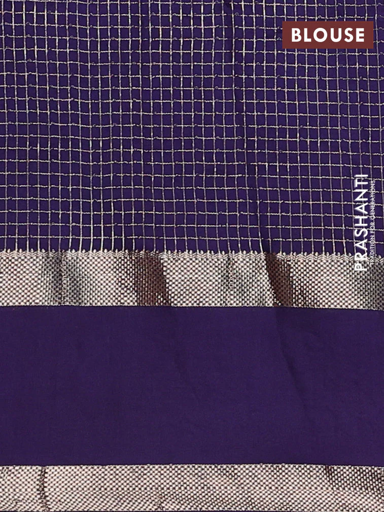 Semi chanderi saree maroon and violet with allover zari woven checked pattern and embroidery zari border - Image 4