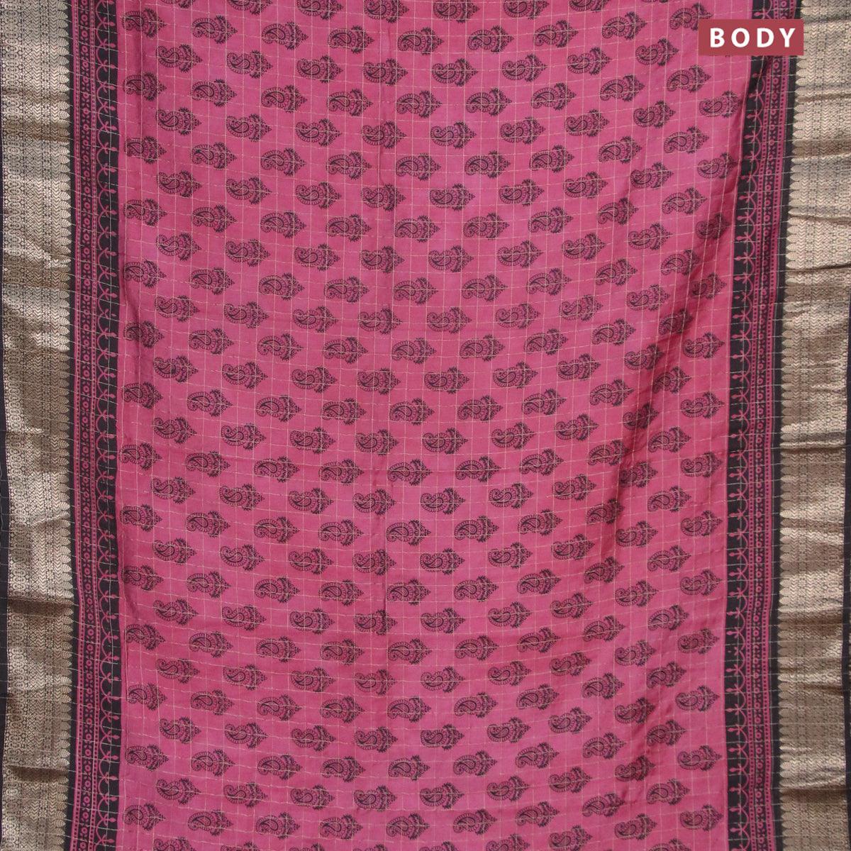 Semi chanderi saree maroon shade and black with allover paisley prints & zari checked pattern and zari woven border - Image 2