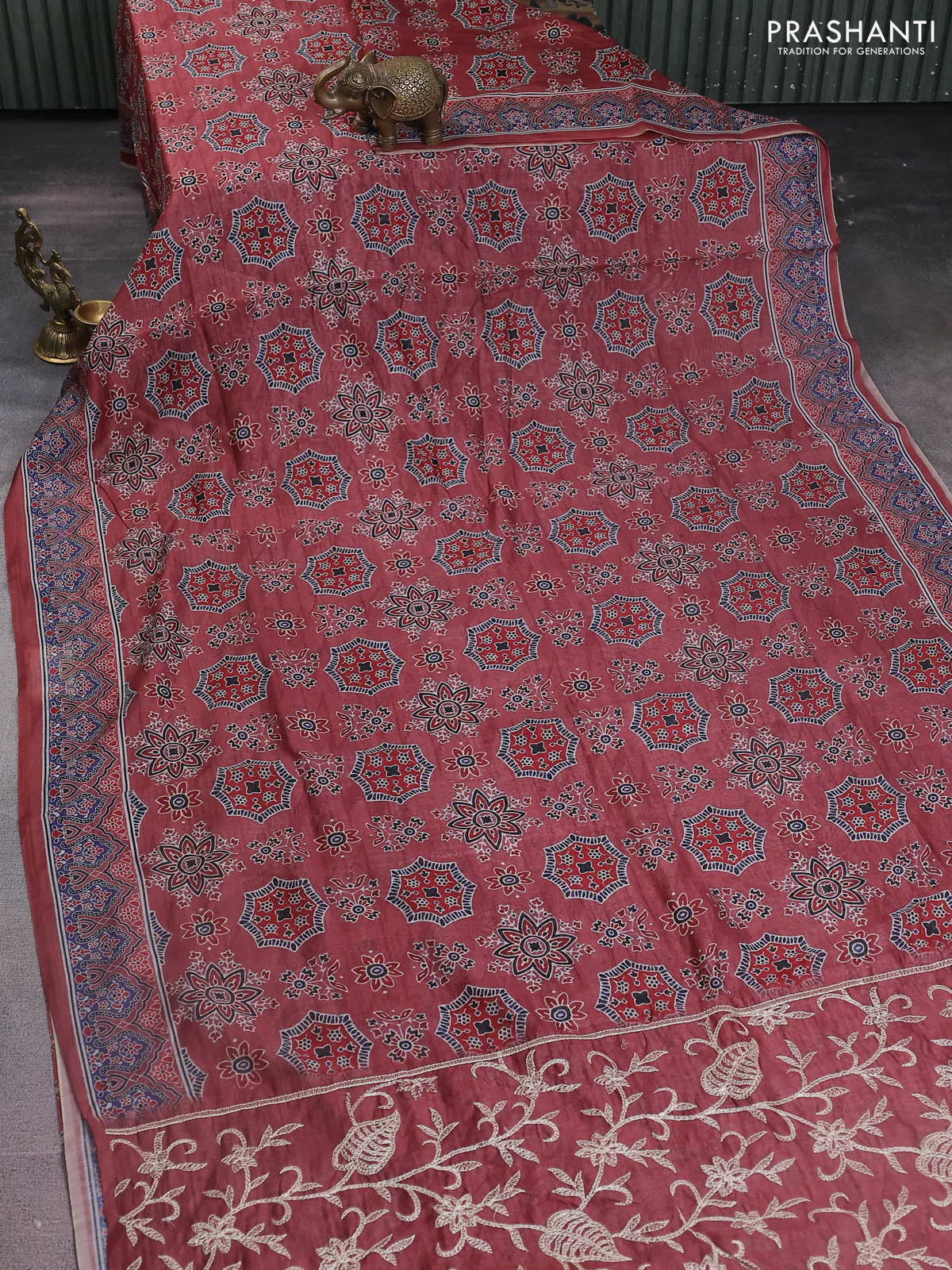 Semi chanderi saree maroon with allover ajrakh prints and embroidery pallu - Image 2