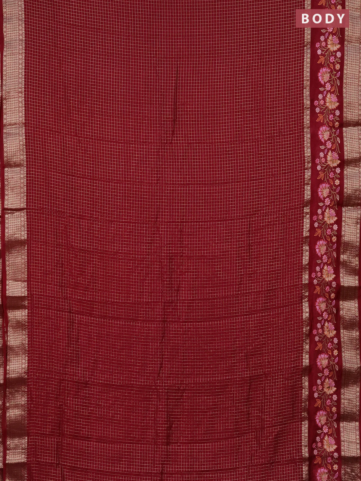 Semi chanderi saree maroon with allover zari checked pattern and floral embroidery border - Image 2