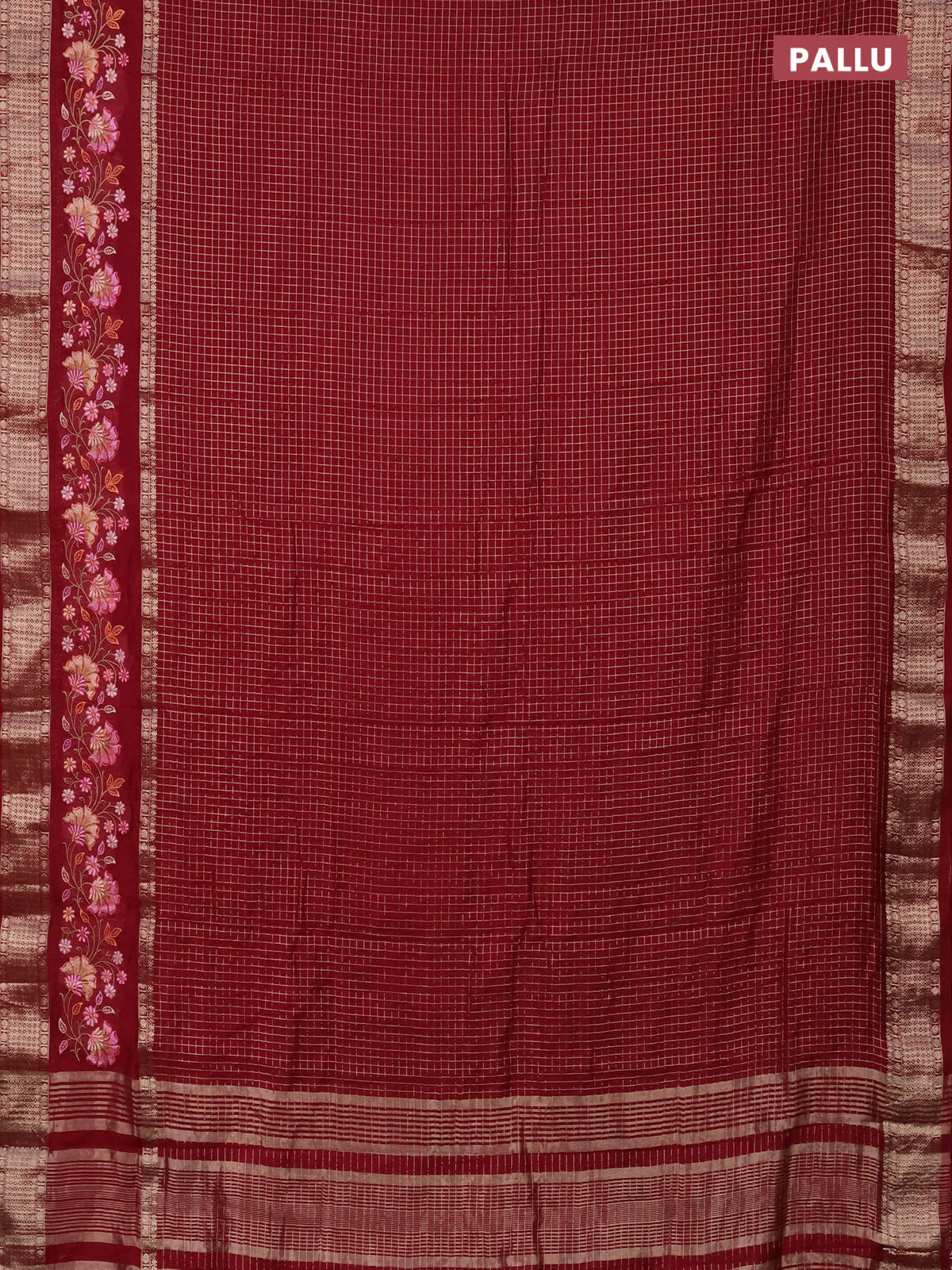 Semi chanderi saree maroon with allover zari checked pattern and floral embroidery border - Image 3