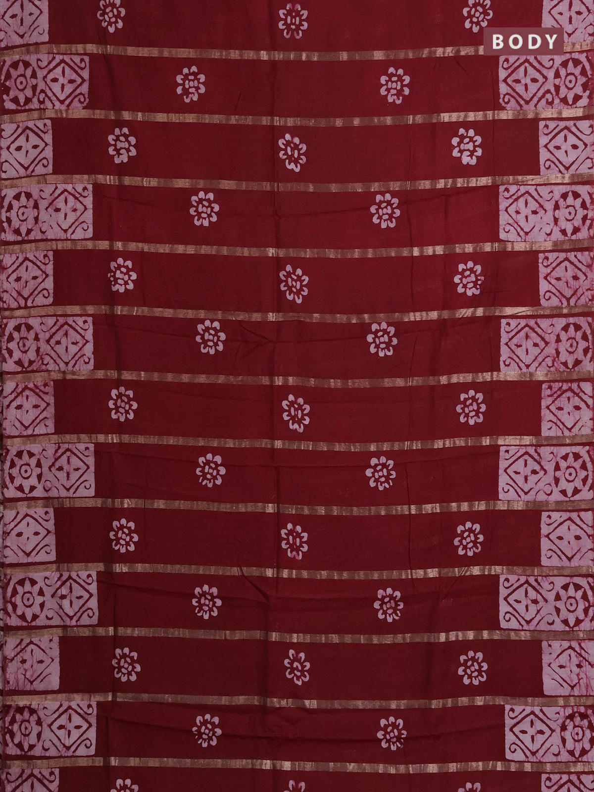 Semi chanderi saree maroon with allover zari strips & batik butta prints in borderless style - Image 2
