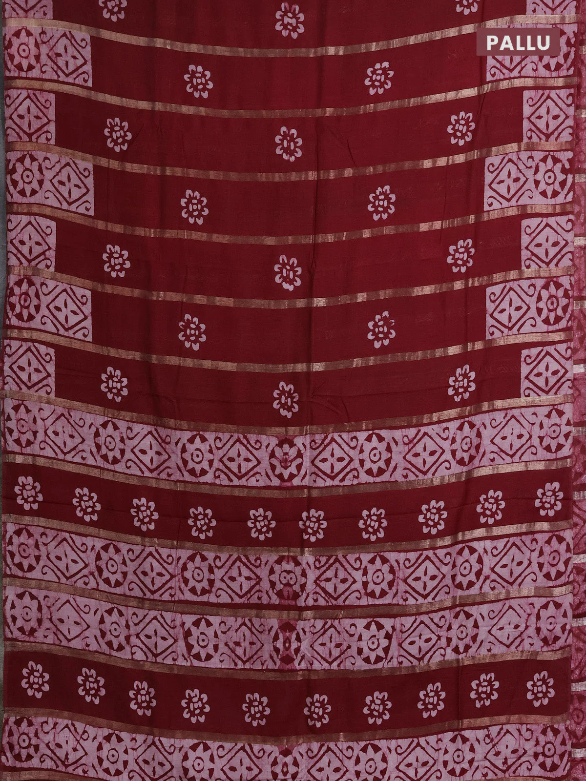 Semi chanderi saree maroon with allover zari strips & batik butta prints in borderless style - Image 3