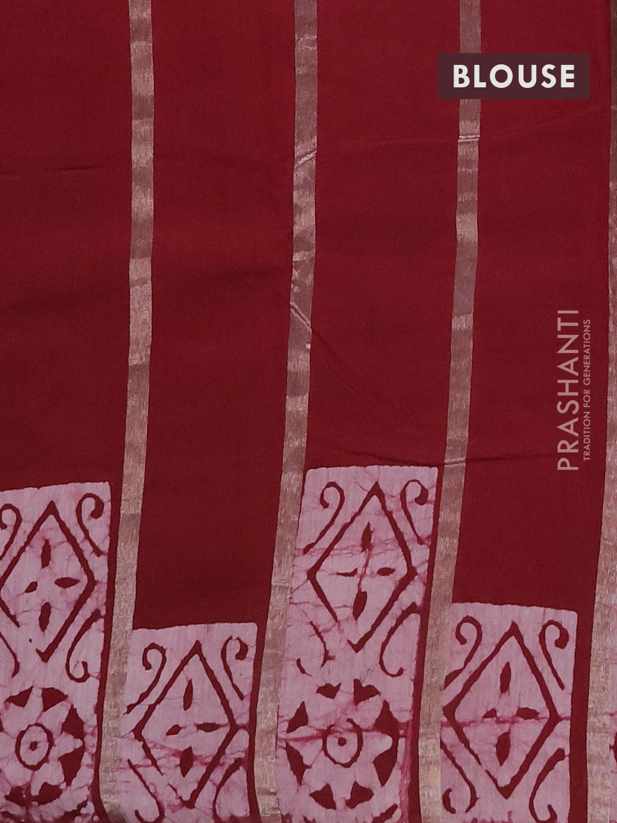 Semi chanderi saree maroon with allover zari strips & batik butta prints in borderless style - Image 4