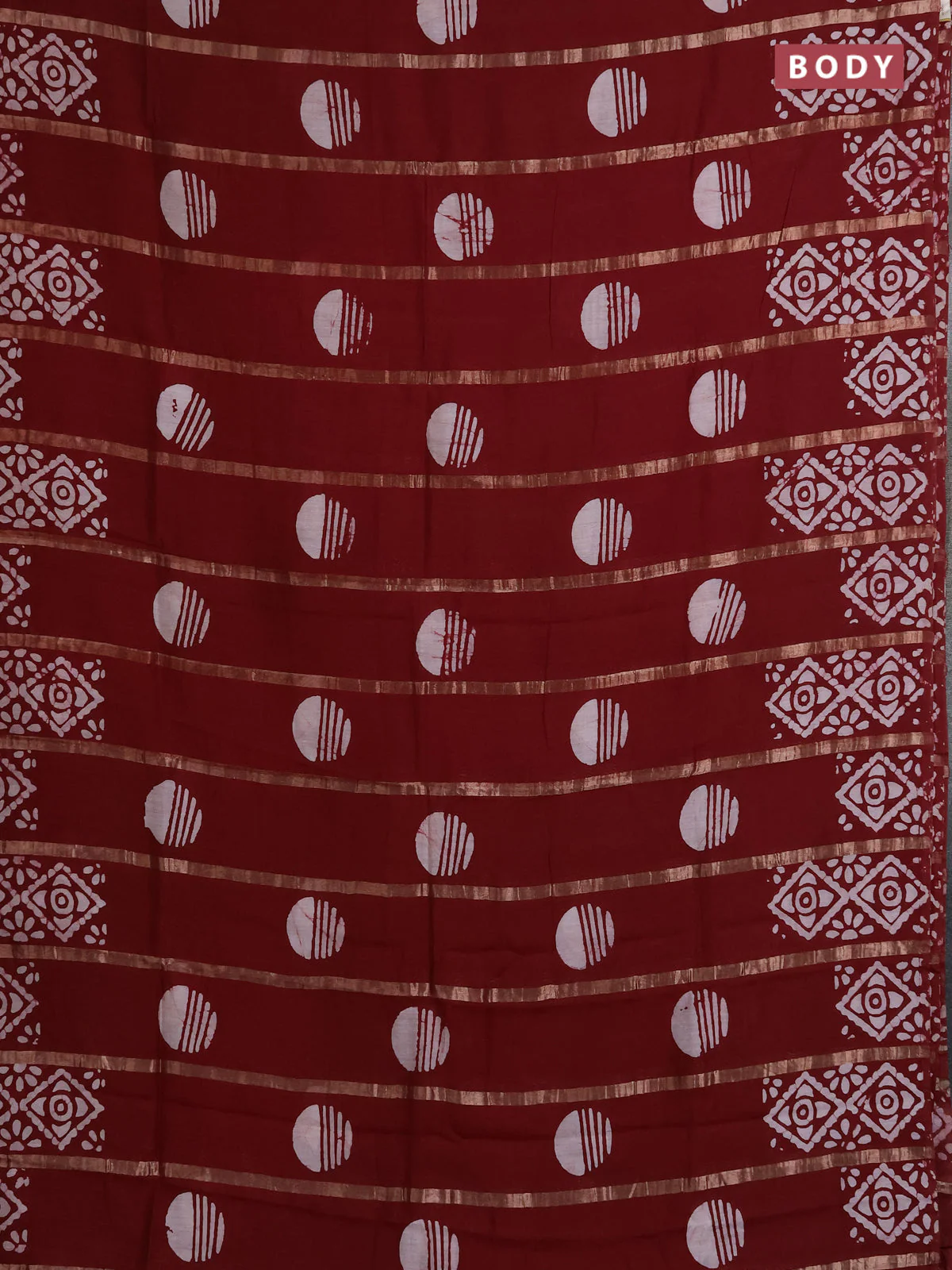 Semi chanderi saree maroon with allover zari strips & batik butta prints in borderless style - Image 2