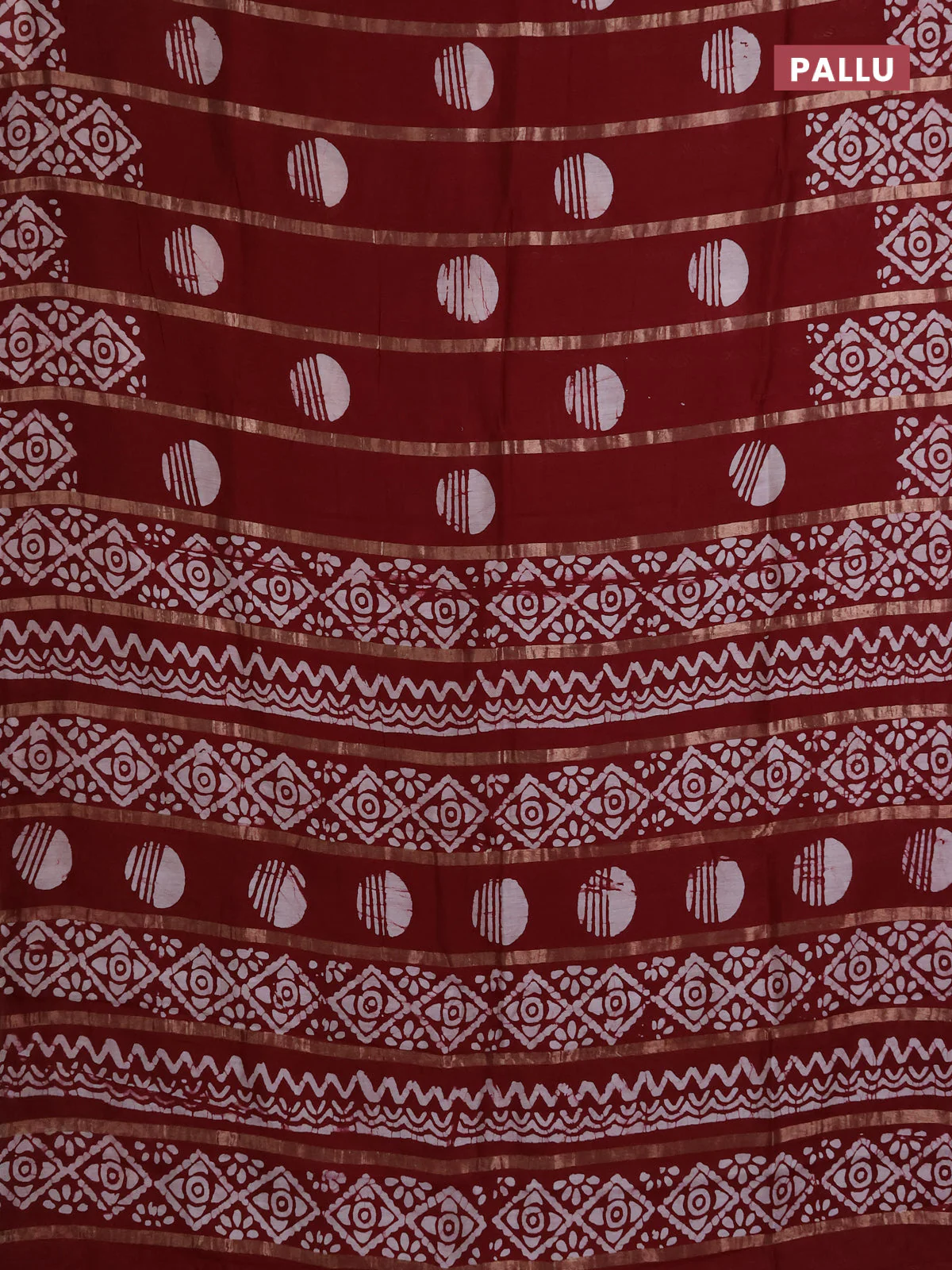 Semi chanderi saree maroon with allover zari strips & batik butta prints in borderless style - Image 3
