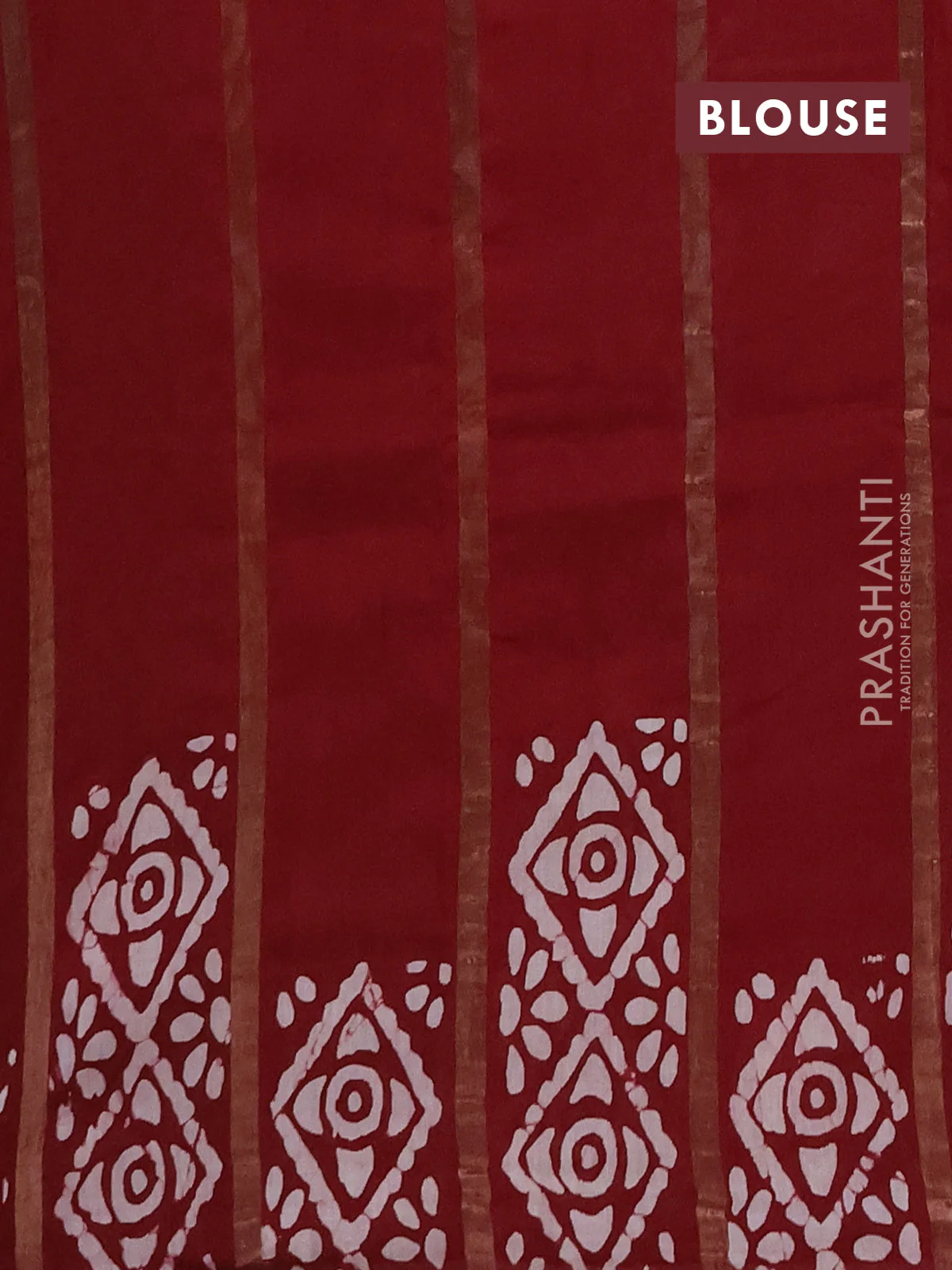Semi chanderi saree maroon with allover zari strips & batik butta prints in borderless style - Image 4