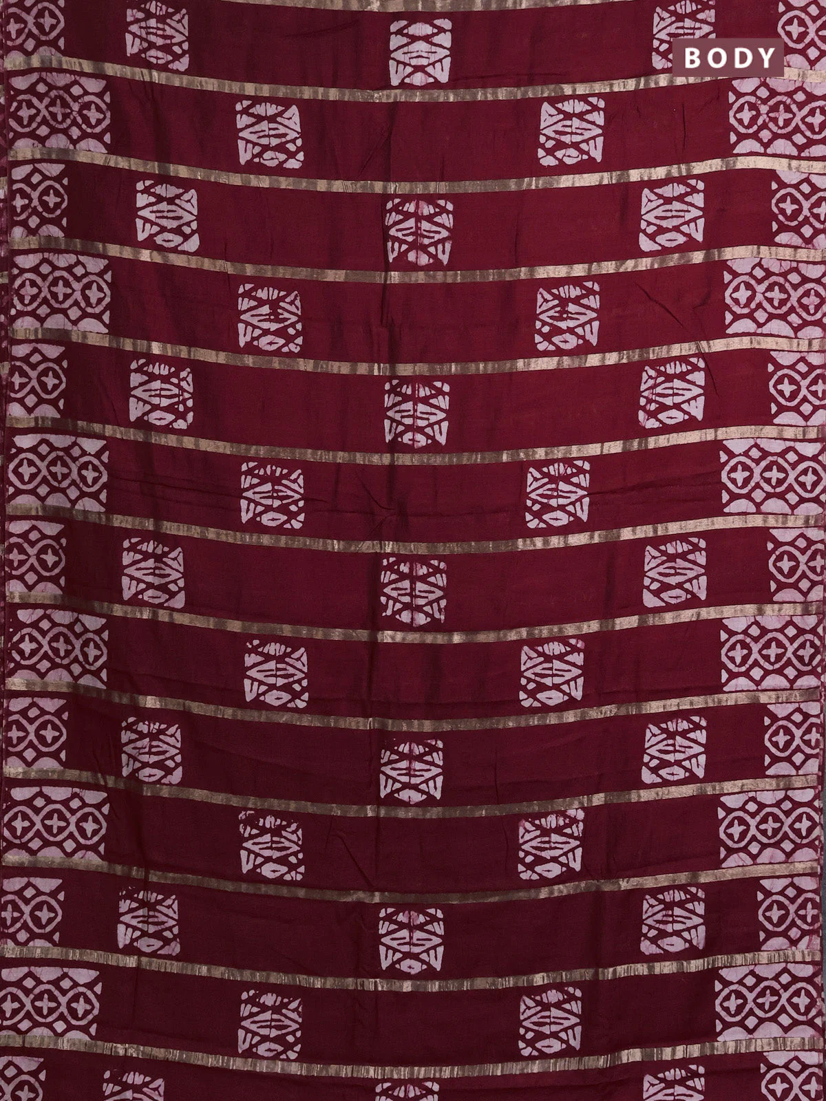 Semi chanderi saree maroon with allover zari strips & batik butta prints in borderless style - Image 2