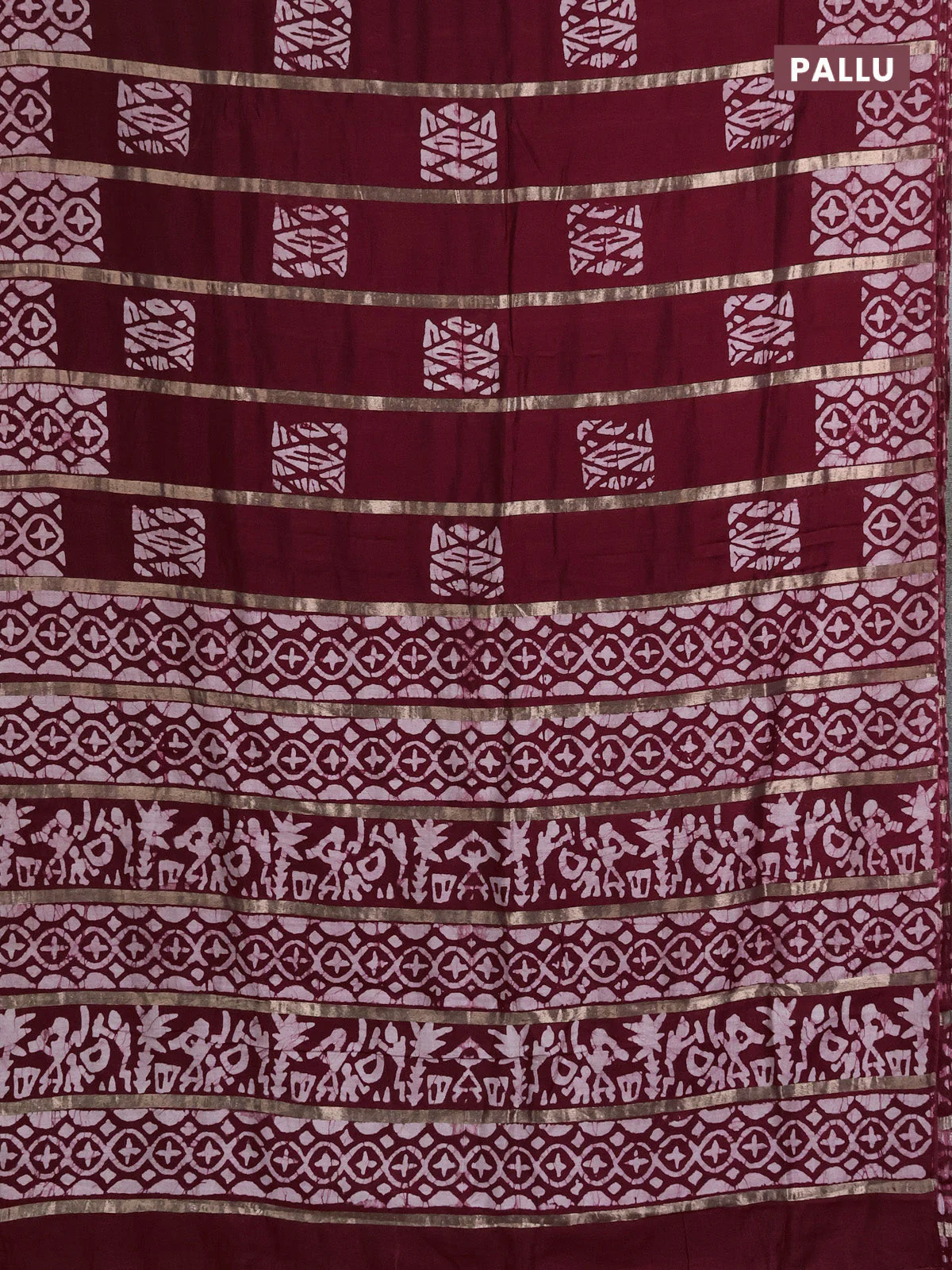Semi chanderi saree maroon with allover zari strips & batik butta prints in borderless style - Image 3