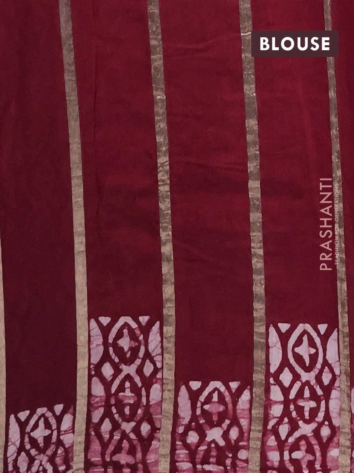 Semi chanderi saree maroon with allover zari strips & batik butta prints in borderless style - Image 4