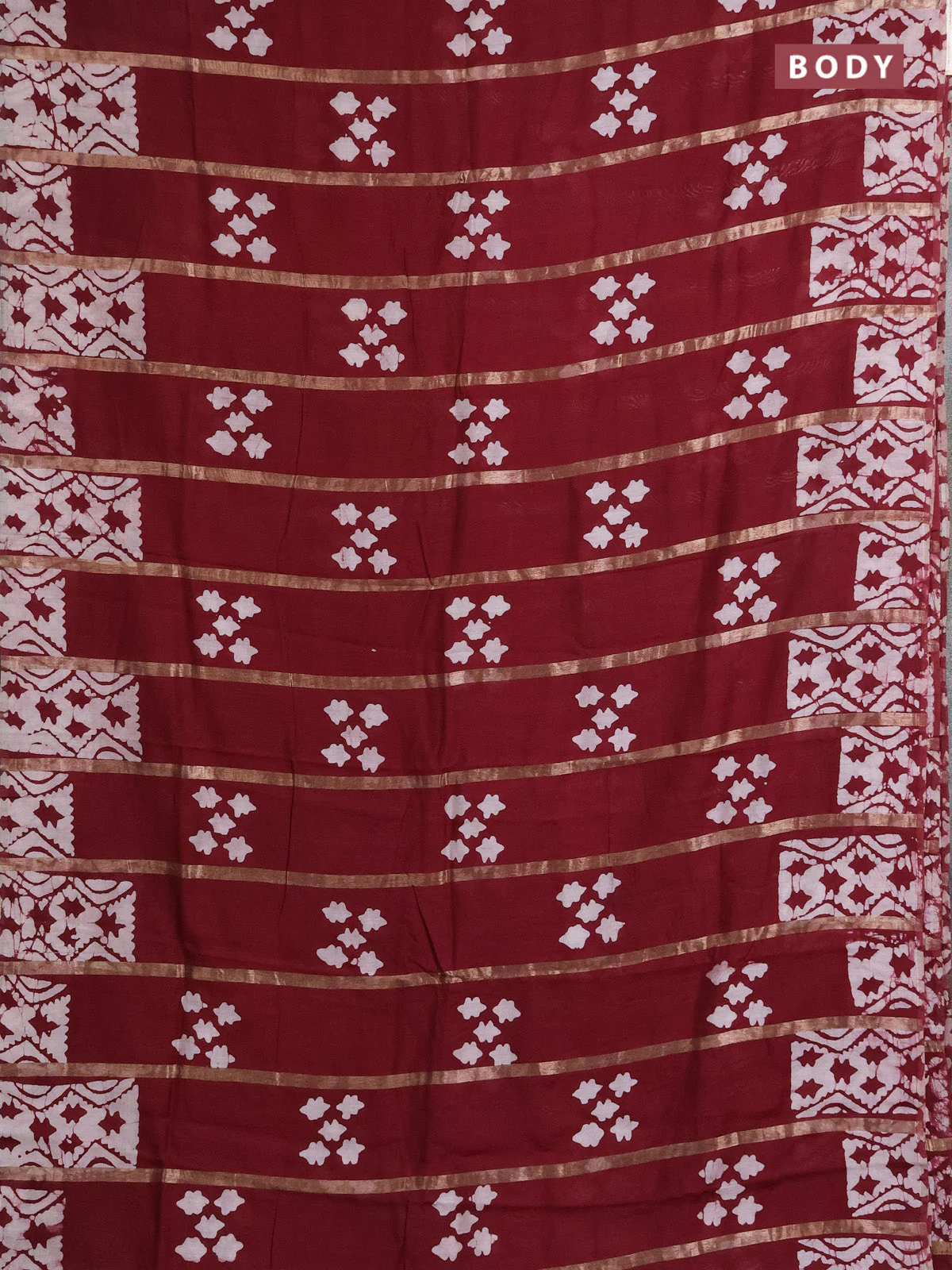 Semi chanderi saree maroon with allover zari strips & batik butta prints in borderless style - Image 2
