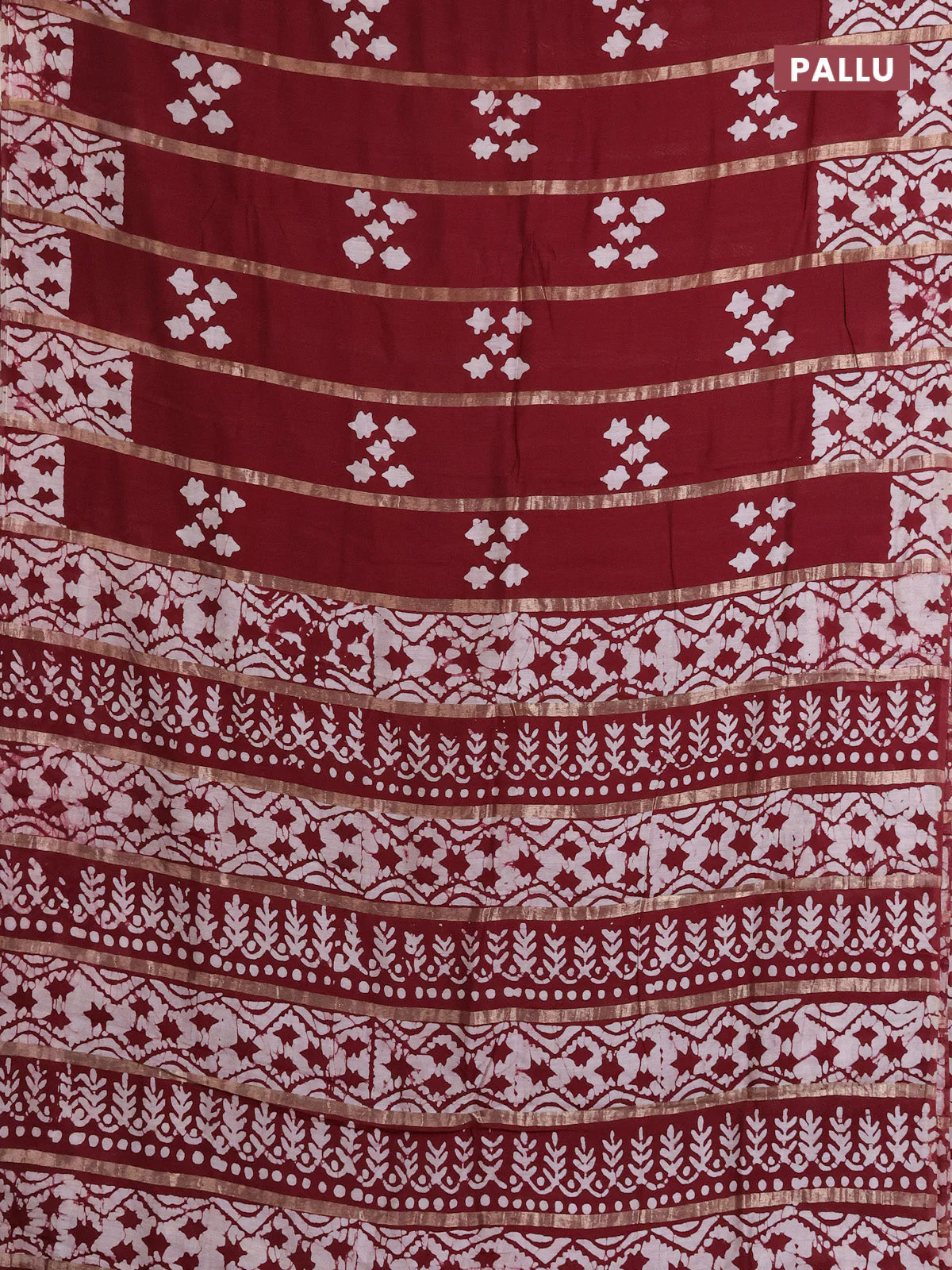 Semi chanderi saree maroon with allover zari strips & batik butta prints in borderless style - Image 3