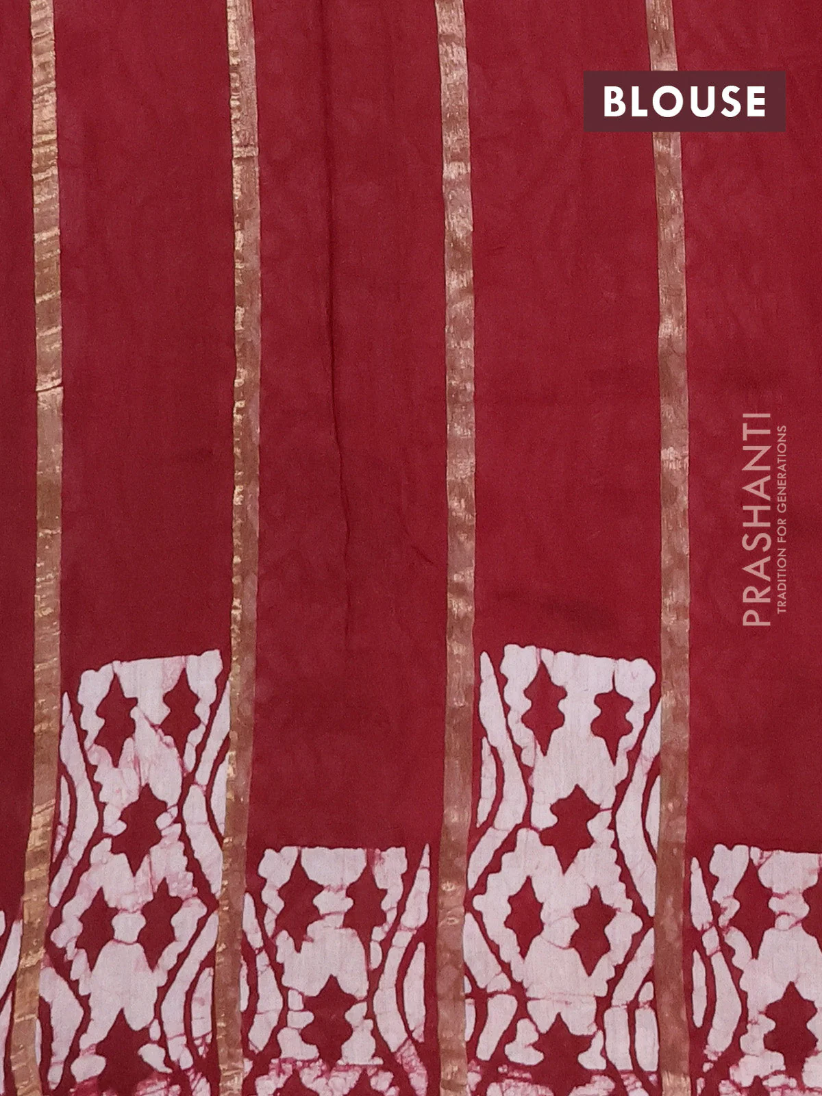 Semi chanderi saree maroon with allover zari strips & batik butta prints in borderless style - Image 4