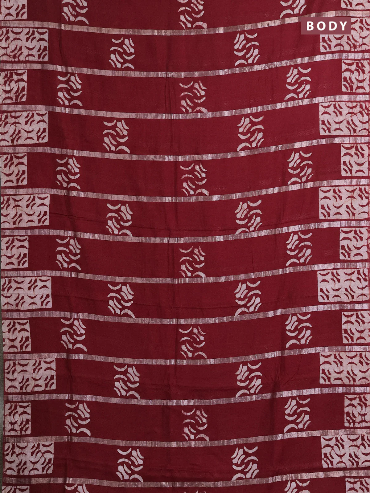 Semi chanderi saree maroon with allover zari strips & batik butta prints in borderless style - Image 2