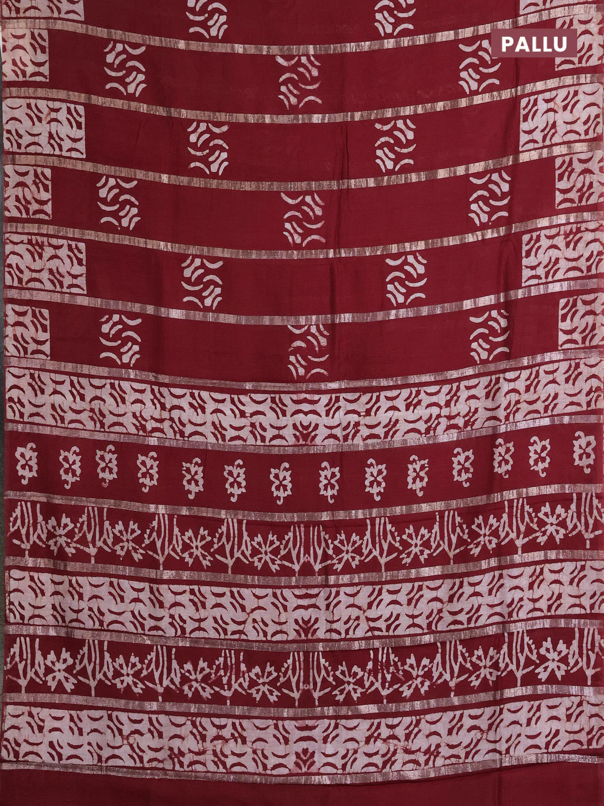 Semi chanderi saree maroon with allover zari strips & batik butta prints in borderless style - Image 3