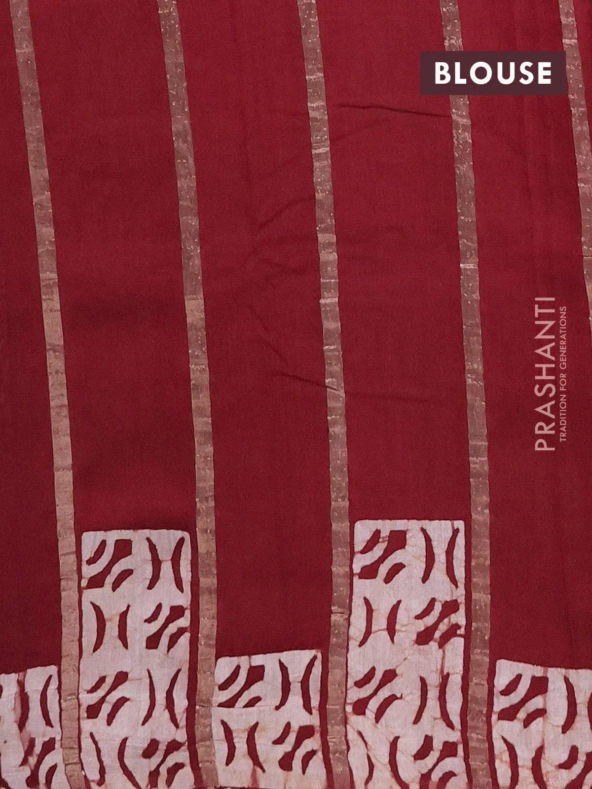 Semi chanderi saree maroon with allover zari strips & batik butta prints in borderless style - Image 4