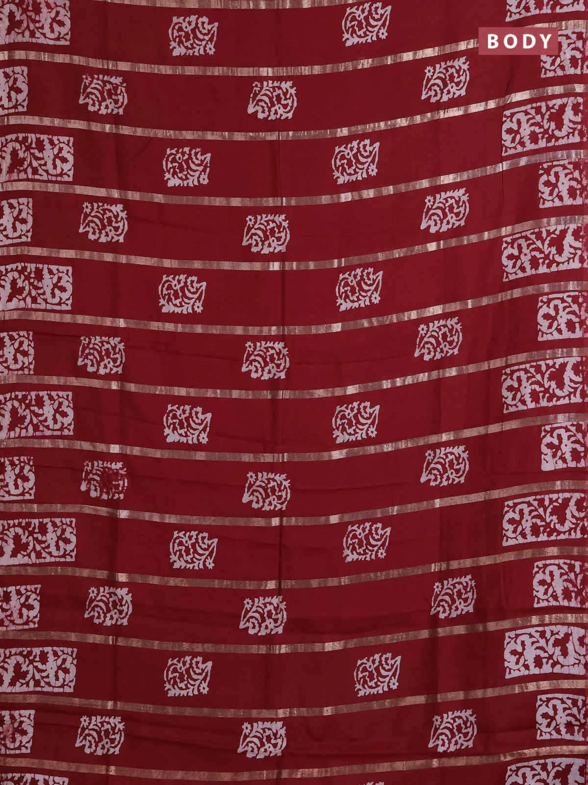 Semi chanderi saree maroon with allover zari strips & batik butta prints in borderless style - Image 2
