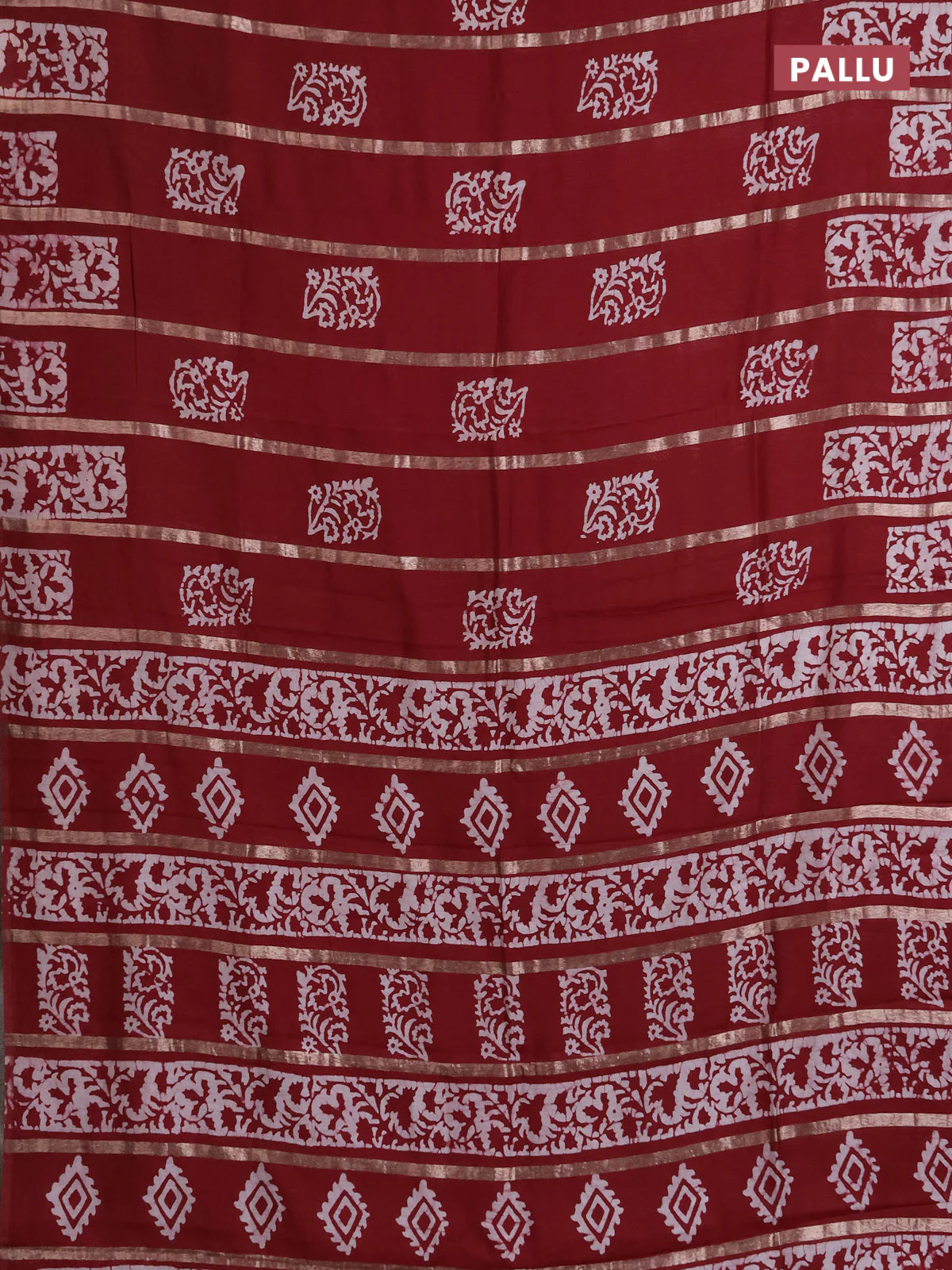 Semi chanderi saree maroon with allover zari strips & batik butta prints in borderless style - Image 3