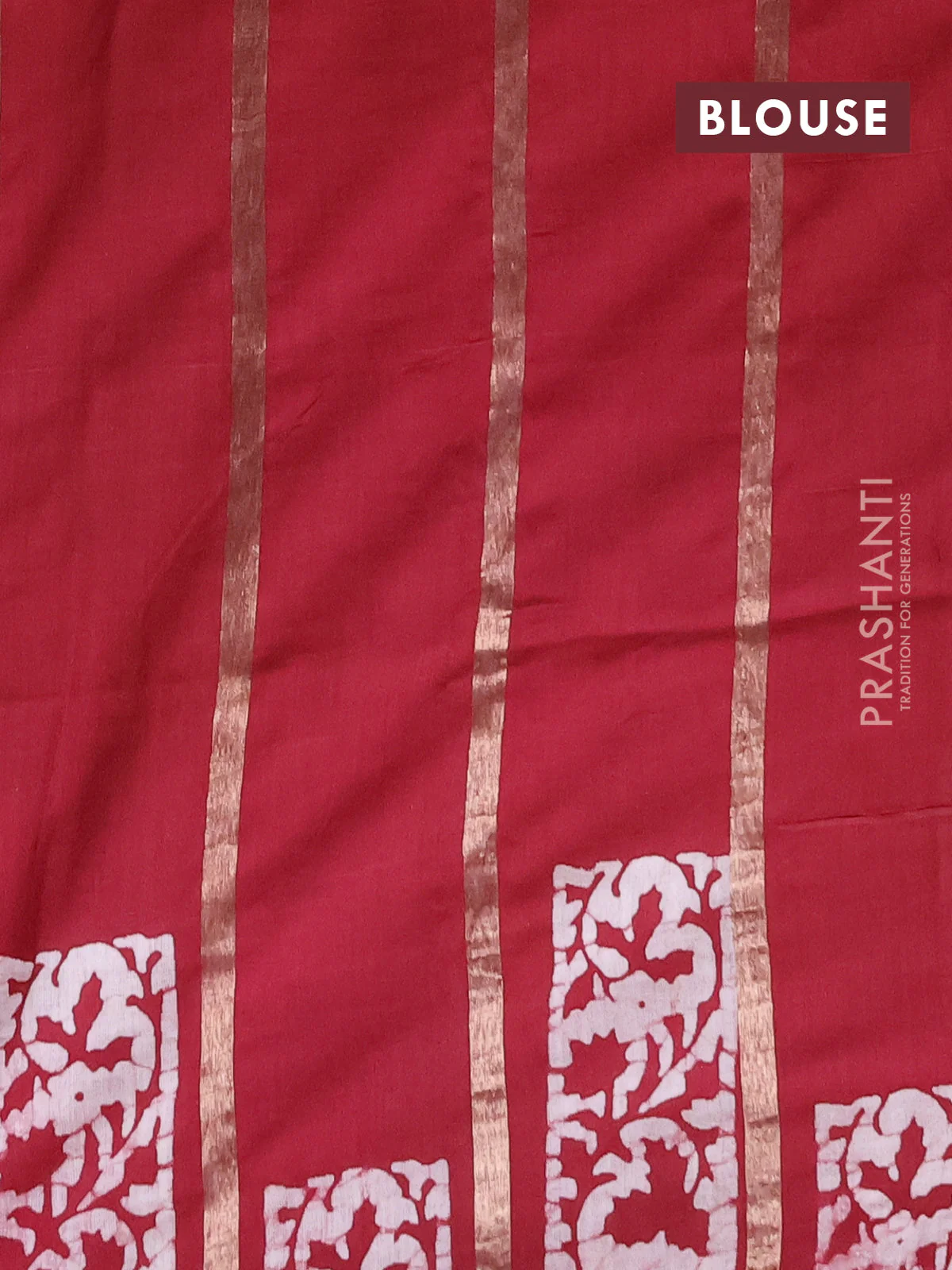 Semi chanderi saree maroon with allover zari strips & batik butta prints in borderless style - Image 4