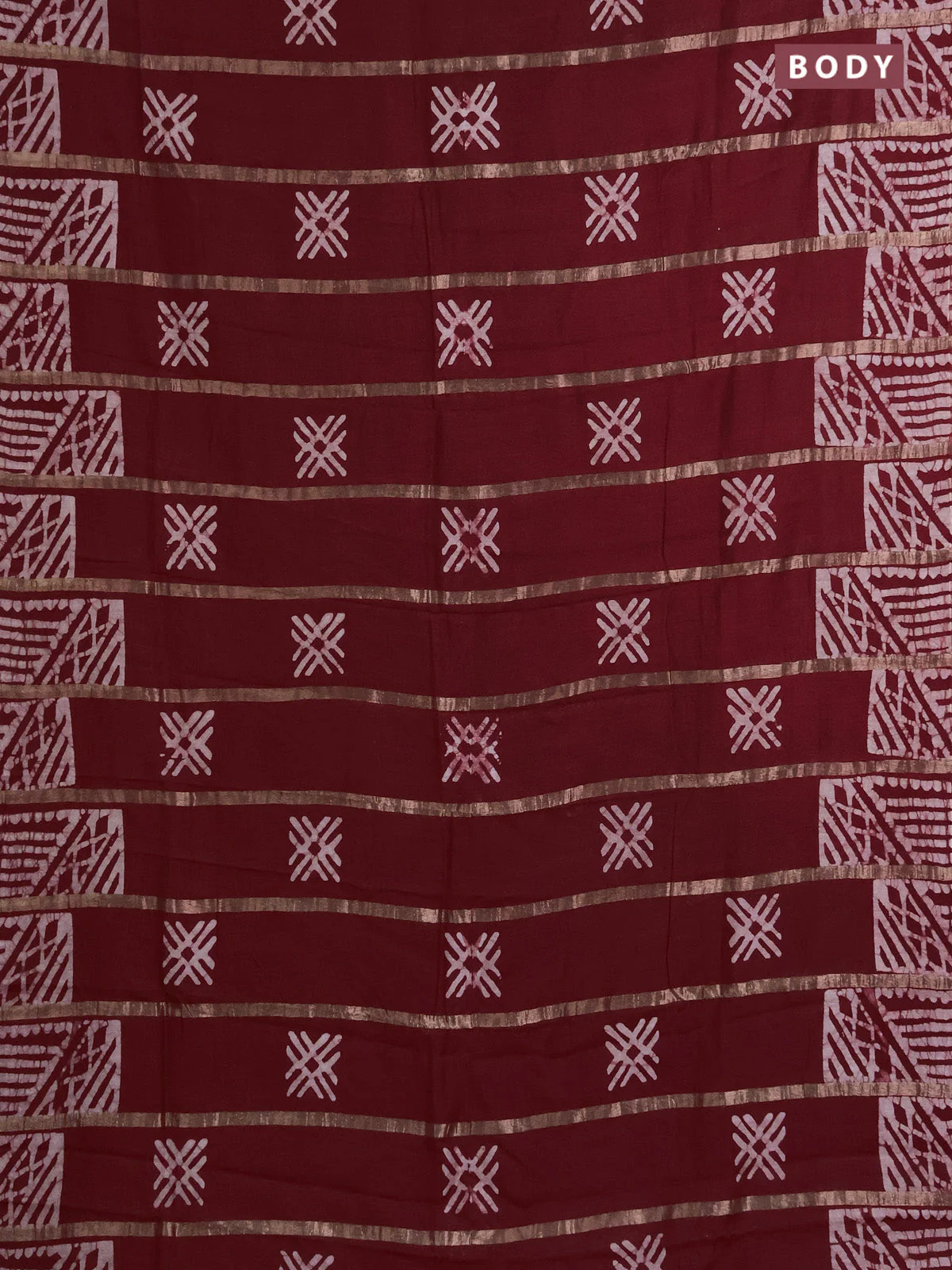 Semi chanderi saree maroon with allover zari strips & batik butta prints in borderless style - Image 2