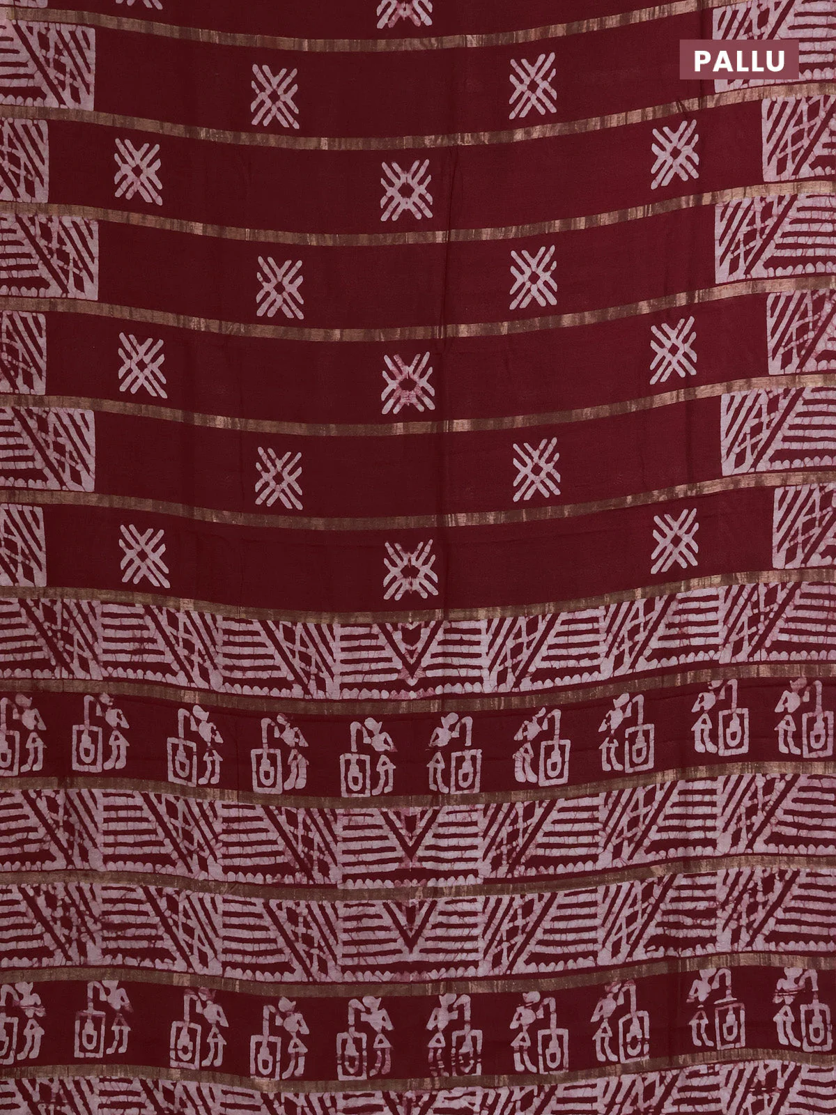 Semi chanderi saree maroon with allover zari strips & batik butta prints in borderless style - Image 3