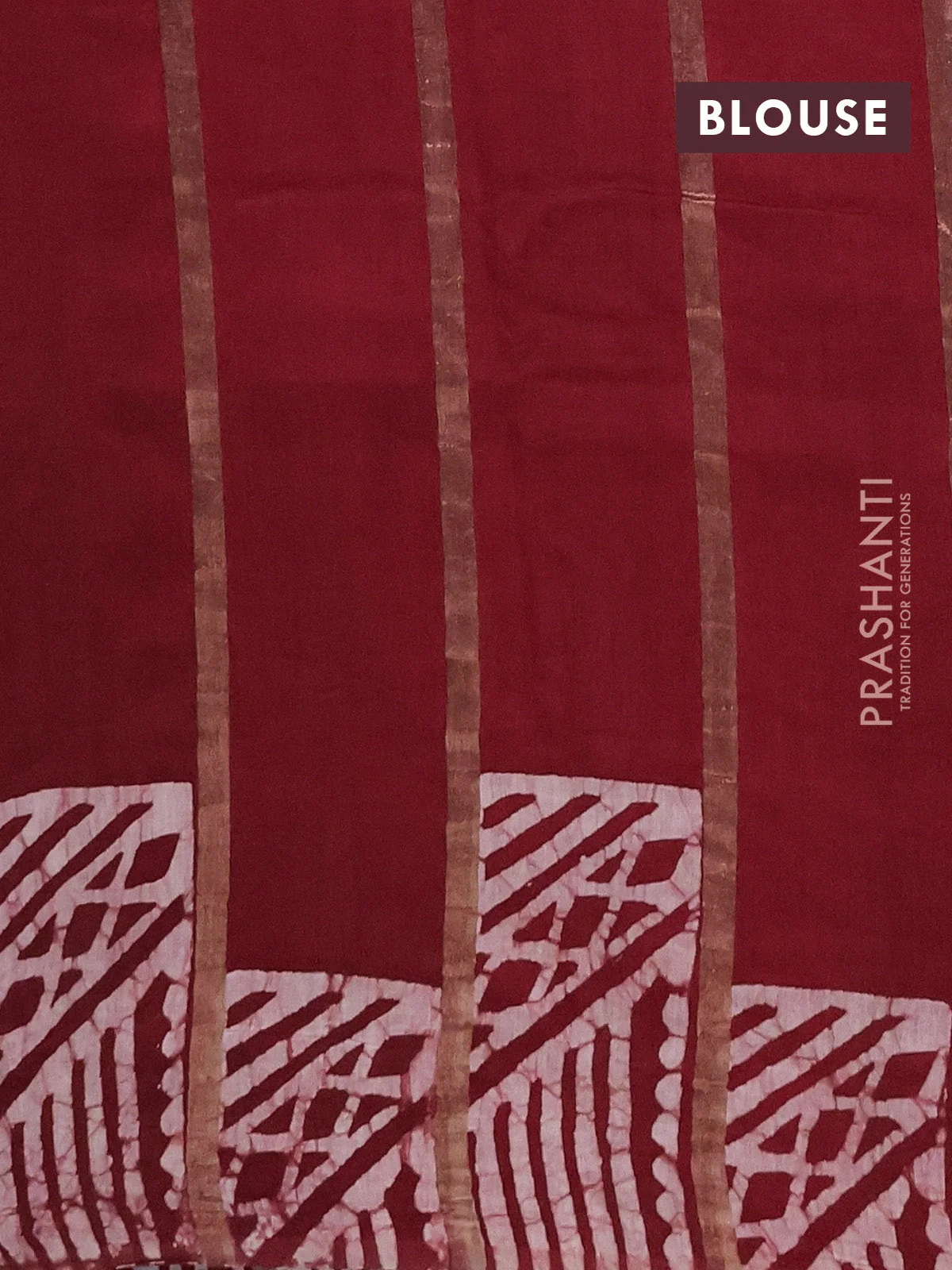 Semi chanderi saree maroon with allover zari strips & batik butta prints in borderless style - Image 4