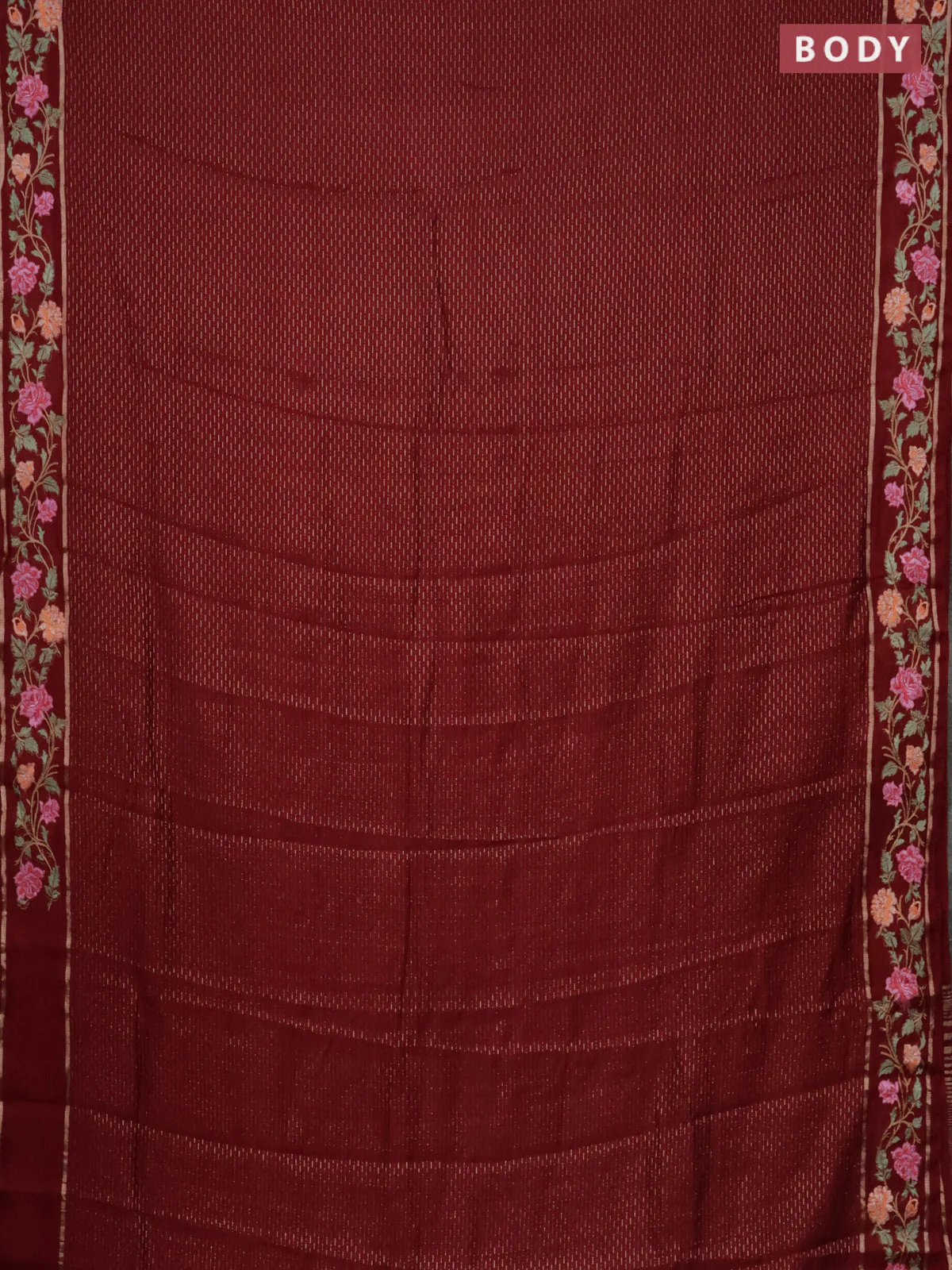 Semi chanderi saree maroon with allover zari weaves and floral embroidery border - Image 2