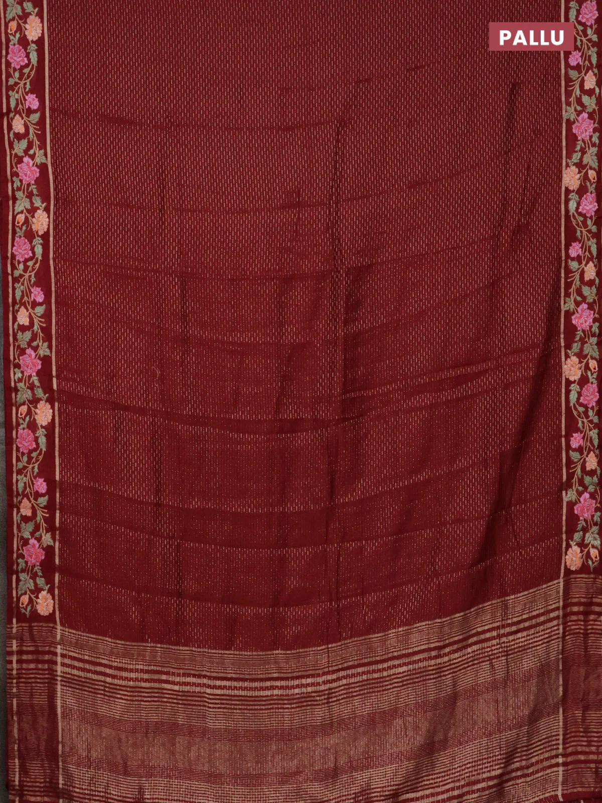 Semi chanderi saree maroon with allover zari weaves and floral embroidery border - Image 3