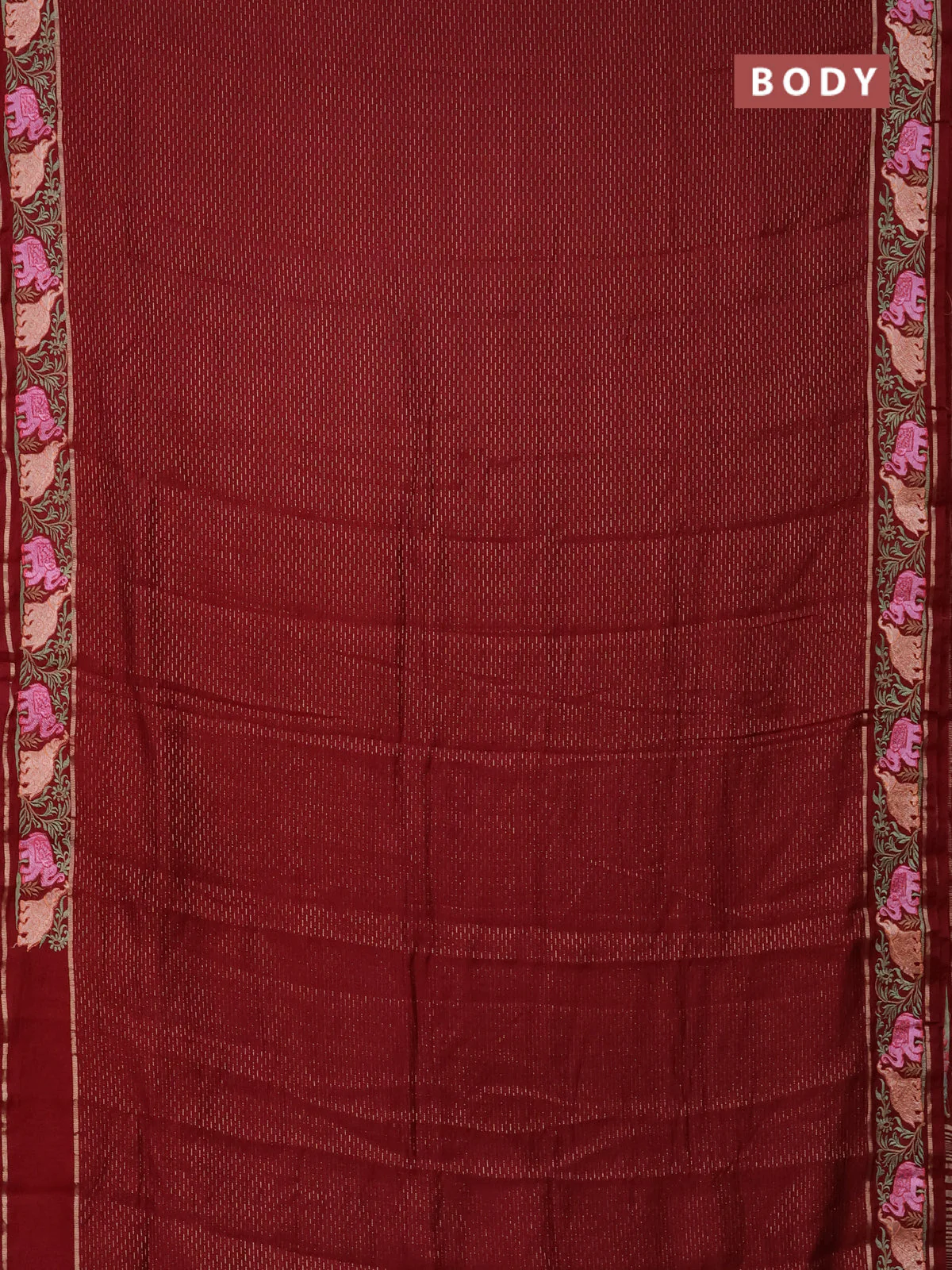 Semi chanderi saree maroon with allover zari weaves and floral embroidery border - Image 2