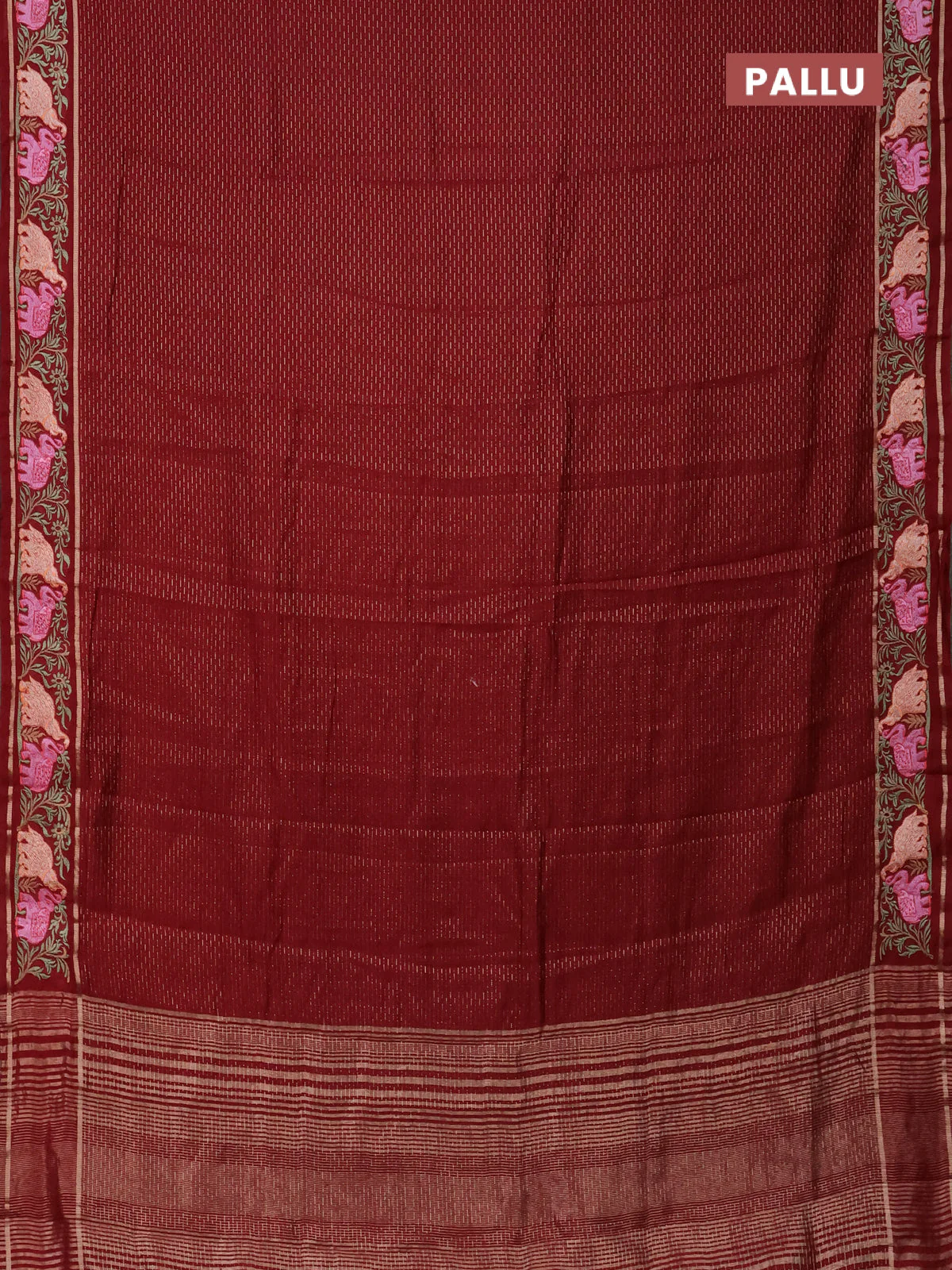 Semi chanderi saree maroon with allover zari weaves and floral embroidery border - Image 3