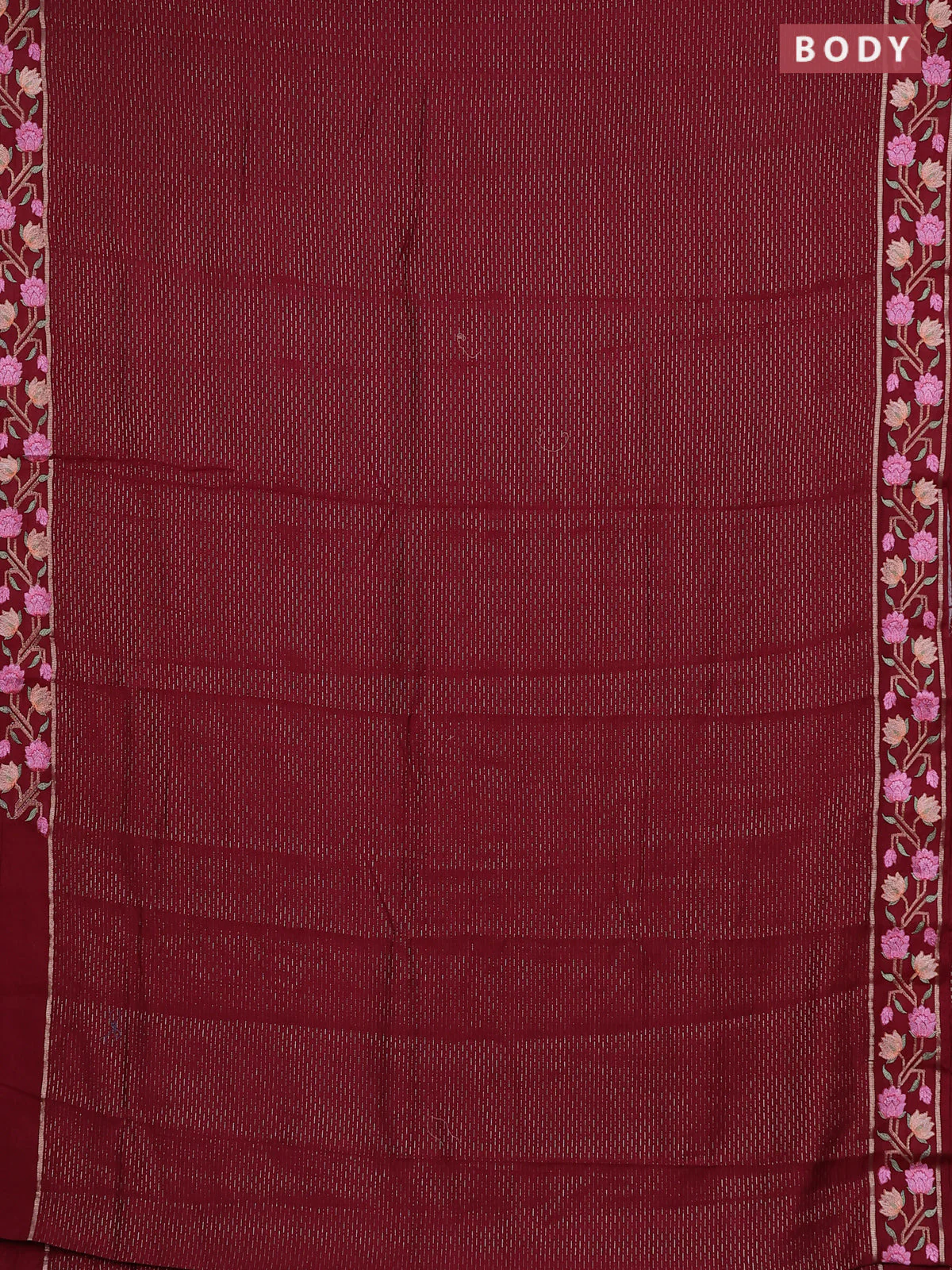 Semi chanderi saree maroon with allover zari weaves and floral embroidery border - Image 2