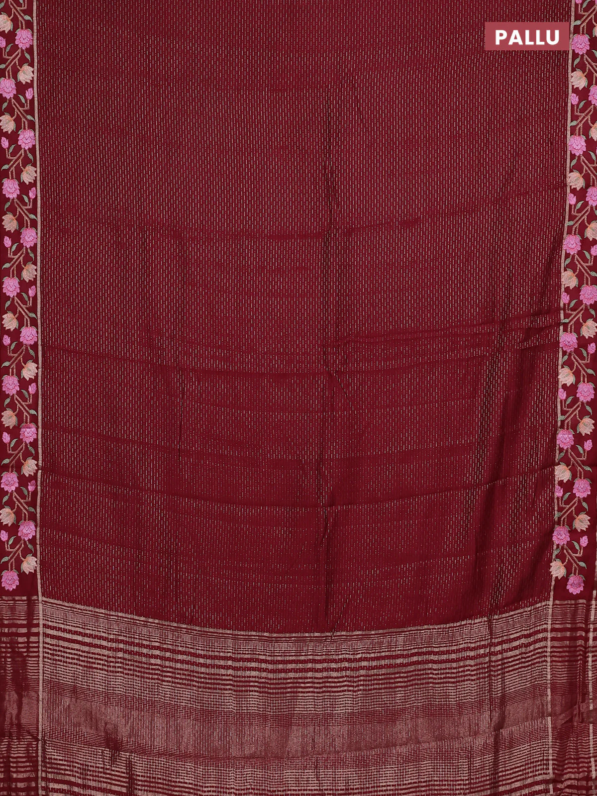 Semi chanderi saree maroon with allover zari weaves and floral embroidery border - Image 3