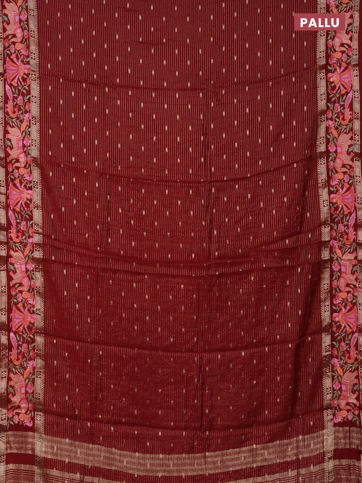 Semi chanderi saree maroon with allover zari weaves & buttas and embroidery border - Image 3