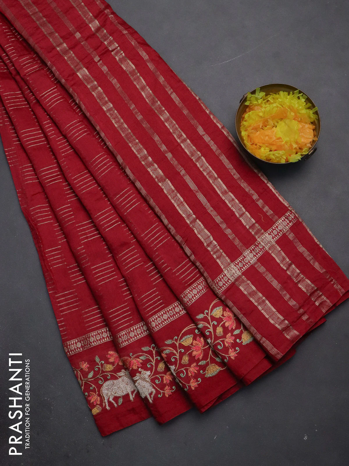 Semi chanderi saree maroon with allover zari woven geometric weaves and pichwai embroidery border