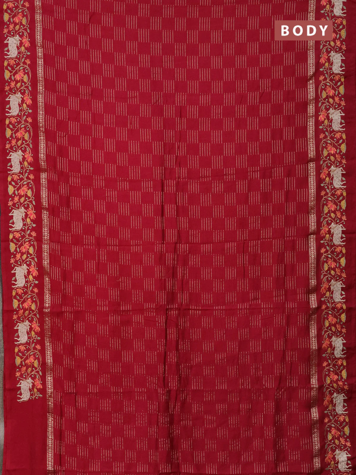 Semi chanderi saree maroon with allover zari woven geometric weaves and pichwai embroidery border - Image 2