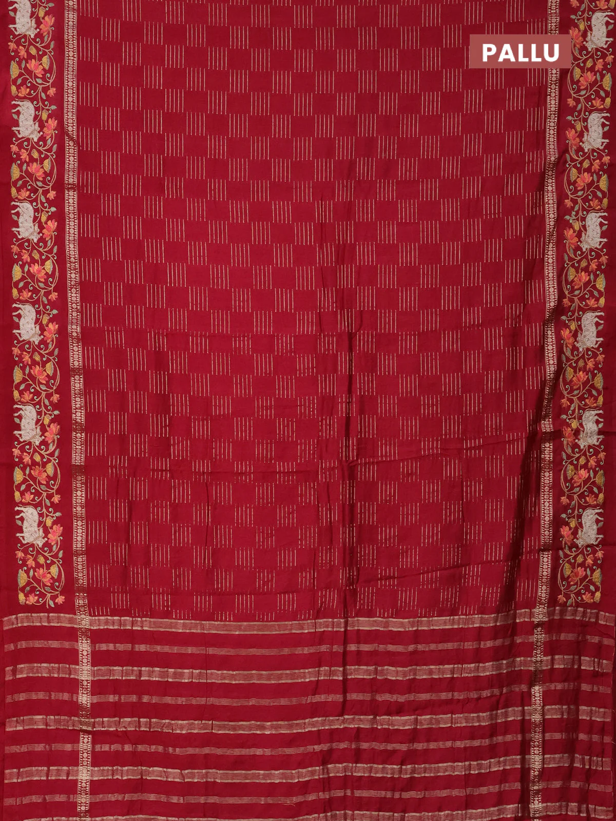 Semi chanderi saree maroon with allover zari woven geometric weaves and pichwai embroidery border - Image 3