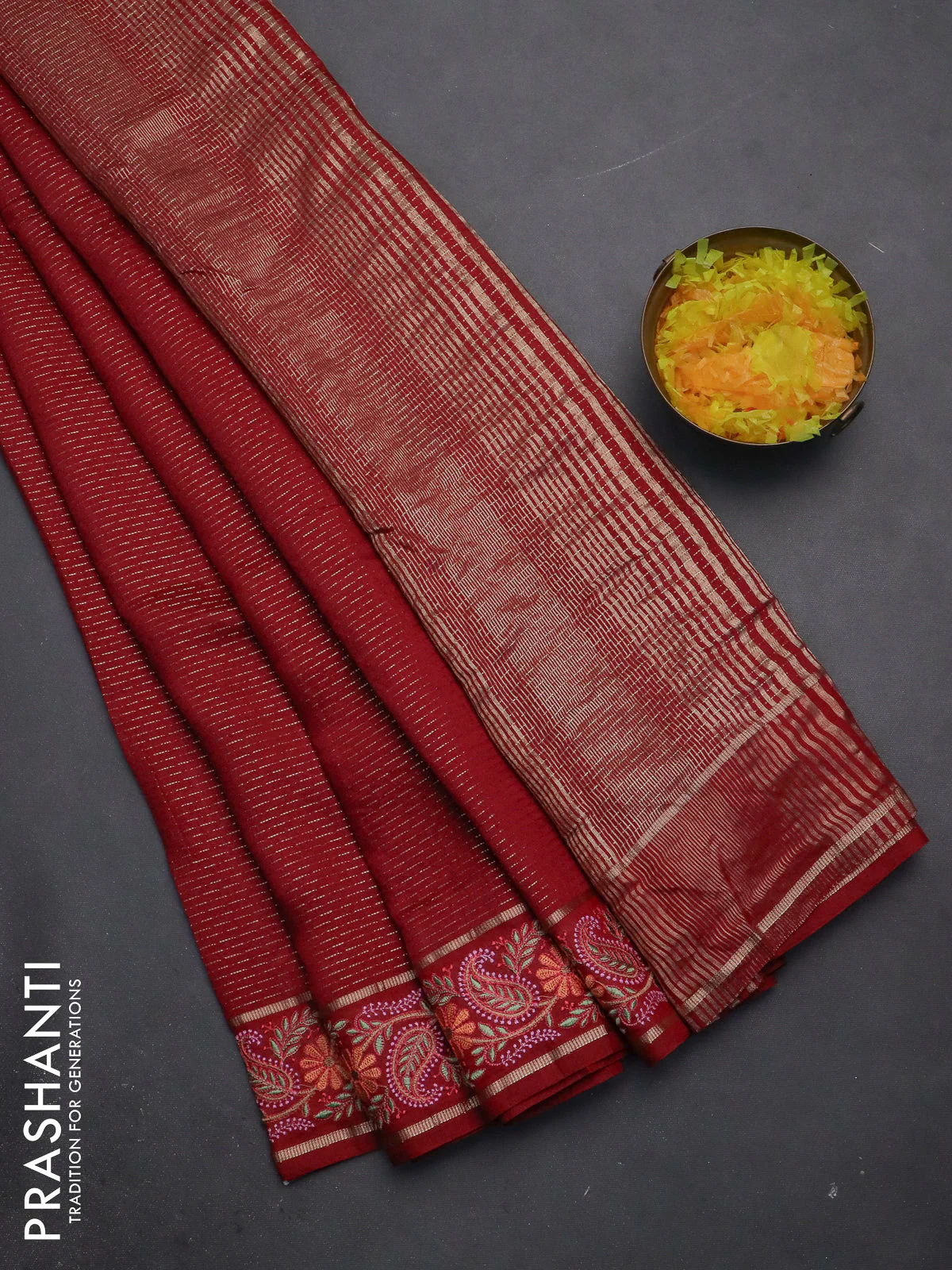 Semi chanderi saree maroon with allover zari woven stripes pattern and embroidery border