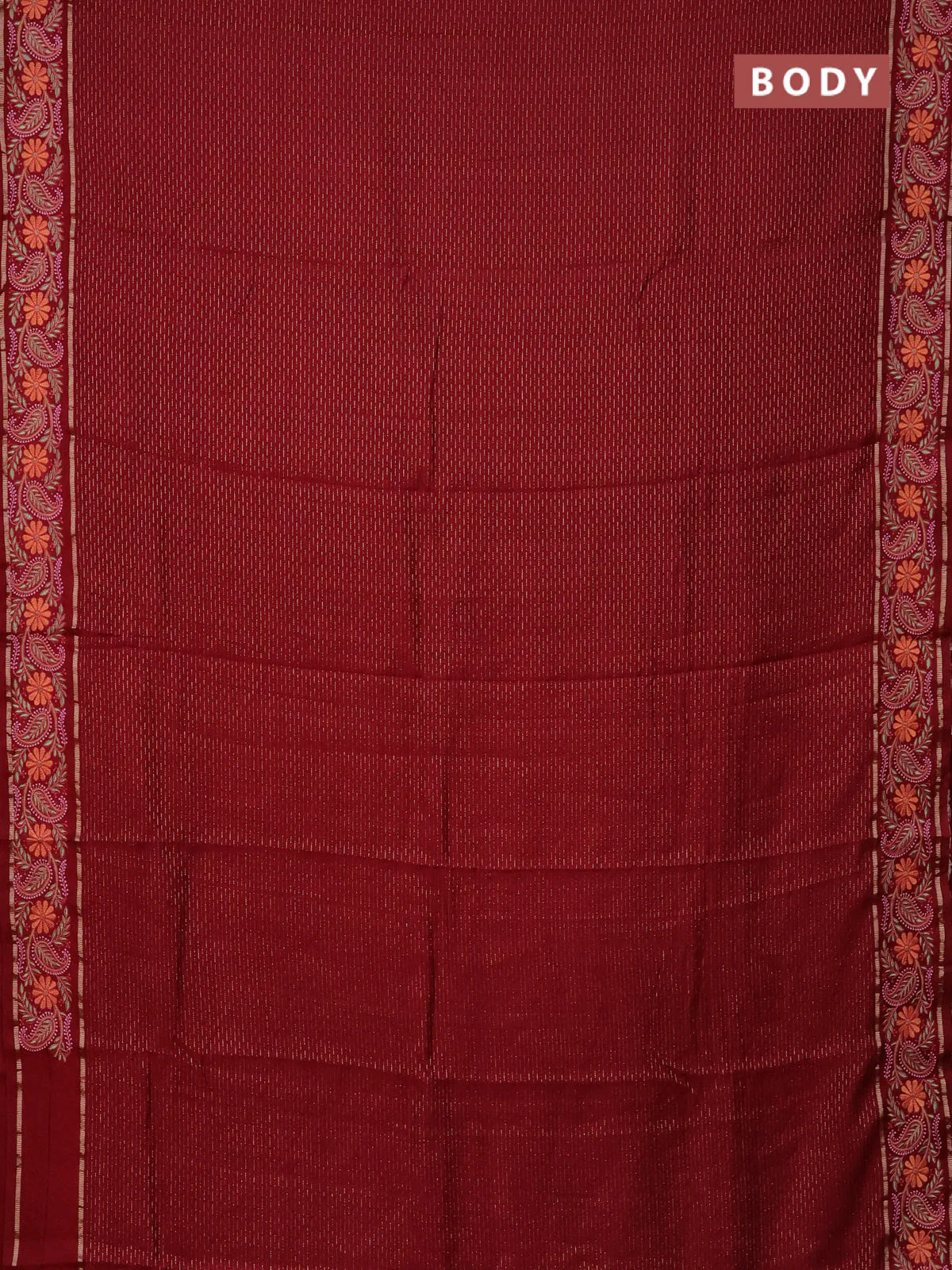 Semi chanderi saree maroon with allover zari woven stripes pattern and embroidery border - Image 2