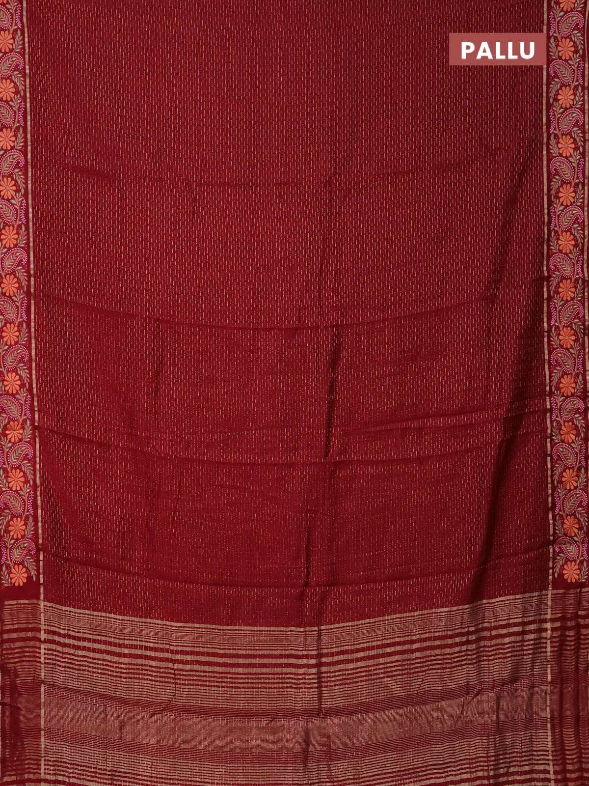 Semi chanderi saree maroon with allover zari woven stripes pattern and embroidery border - Image 3