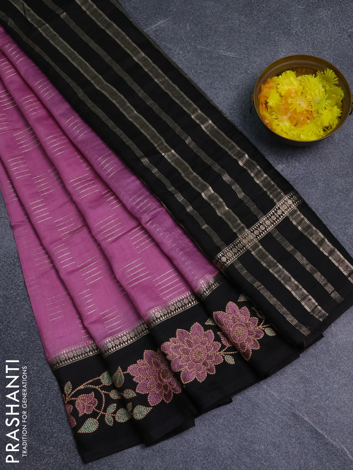 Semi chanderi saree mauve pink and black with allover zari weaves and embroidery border