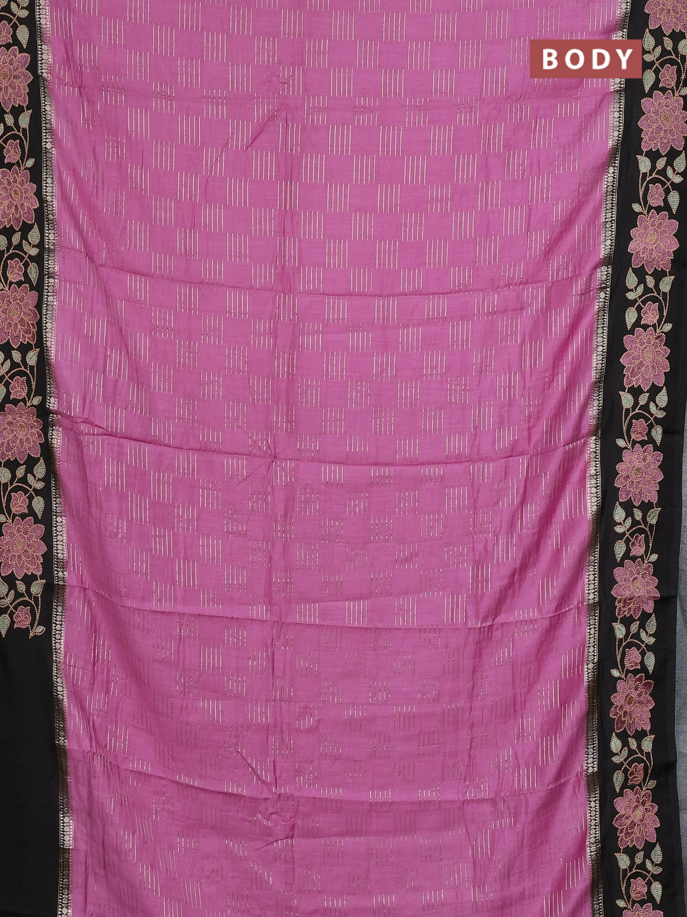 Semi chanderi saree mauve pink and black with allover zari weaves and embroidery border - Image 2