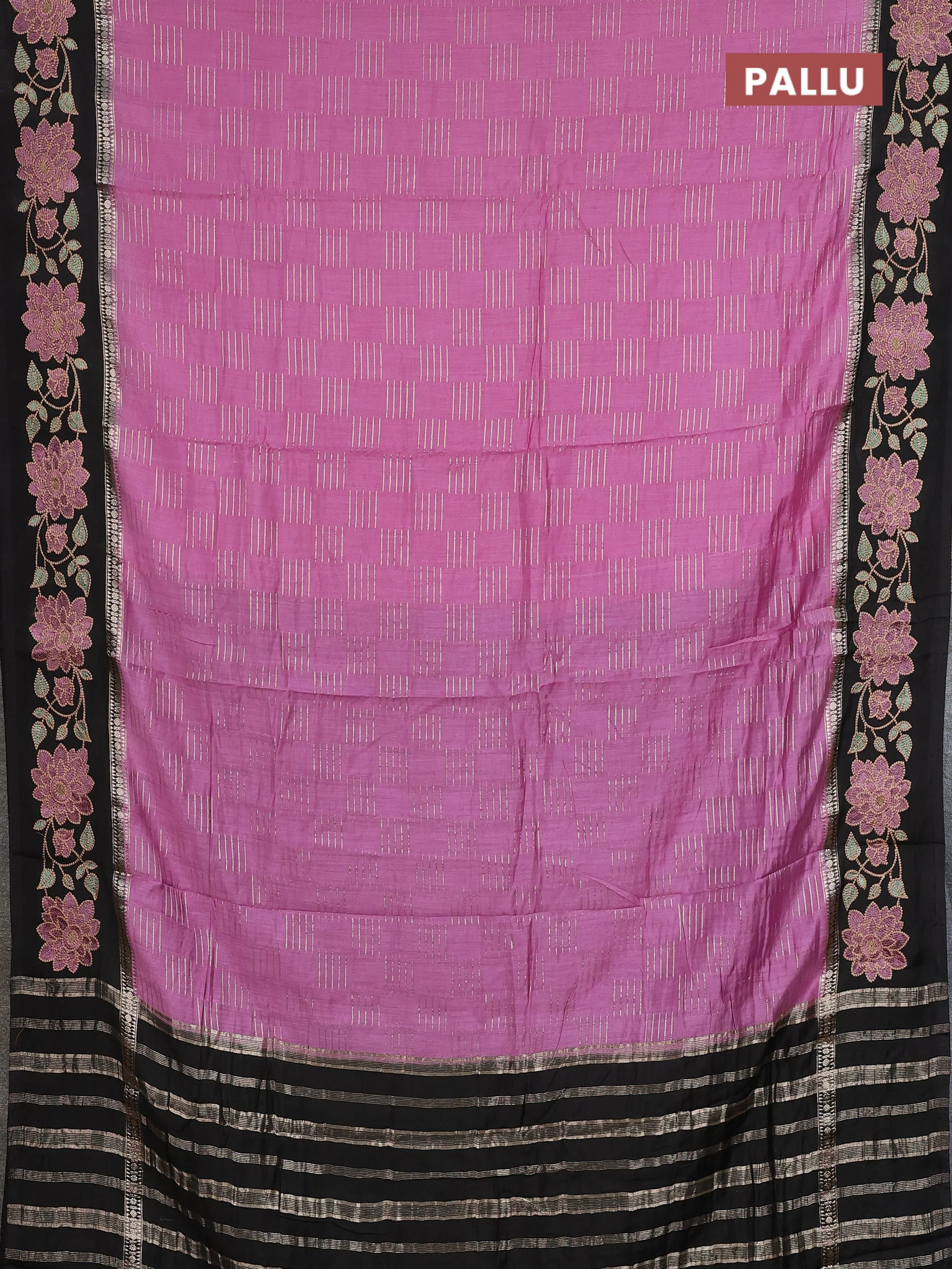 Semi chanderi saree mauve pink and black with allover zari weaves and embroidery border - Image 3