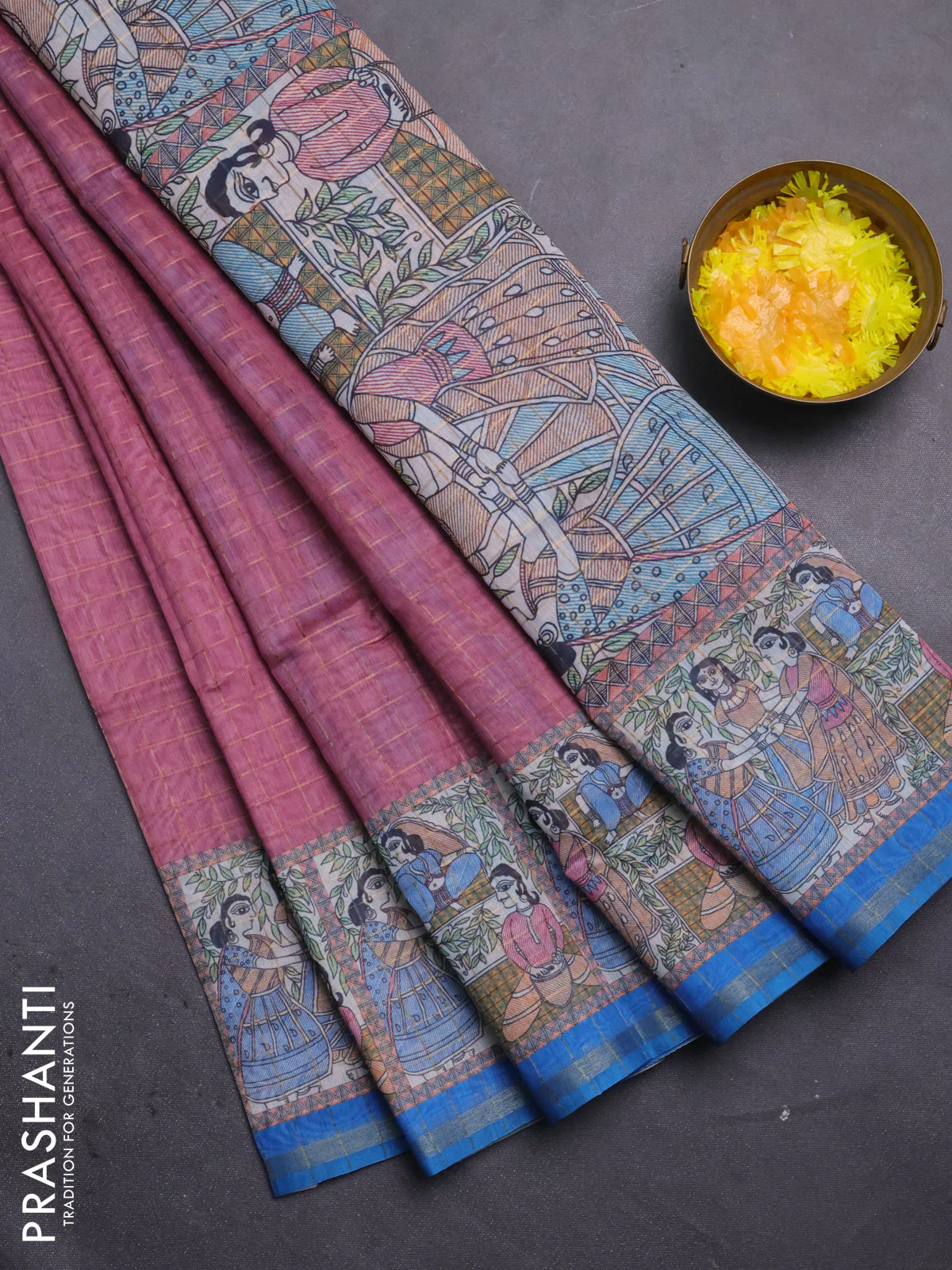 Semi chanderi saree mauve pink and cs blue with allover zari woven checked pattern and madhubani printed pallu