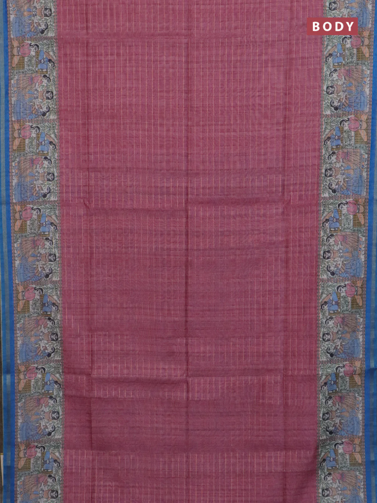 Semi chanderi saree mauve pink and cs blue with allover zari woven checked pattern and madhubani printed pallu - Image 2