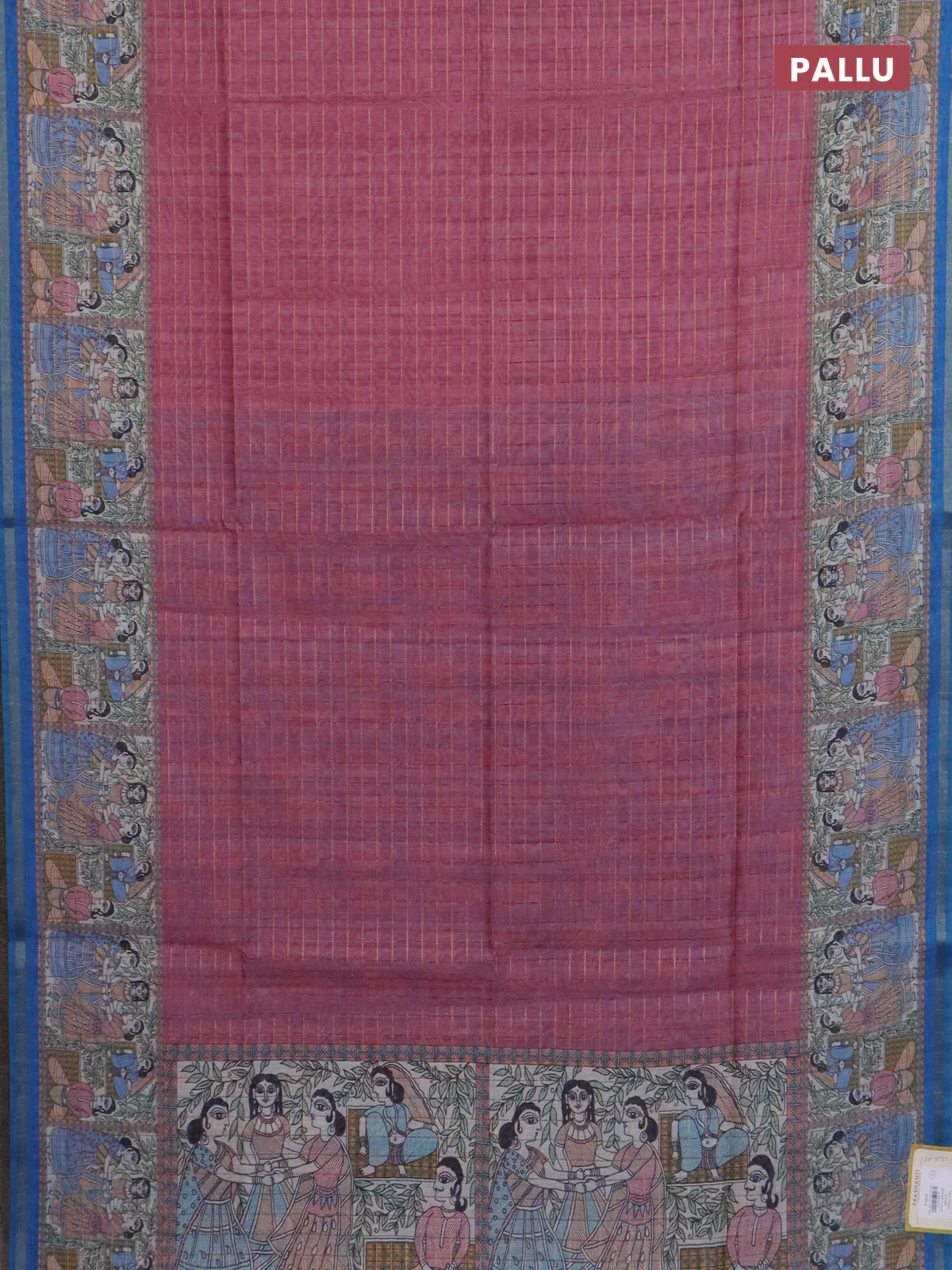 Semi chanderi saree mauve pink and cs blue with allover zari woven checked pattern and madhubani printed pallu - Image 3