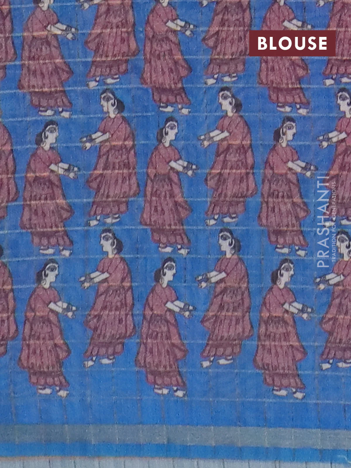 Semi chanderi saree mauve pink and cs blue with allover zari woven checked pattern and madhubani printed pallu - Image 4